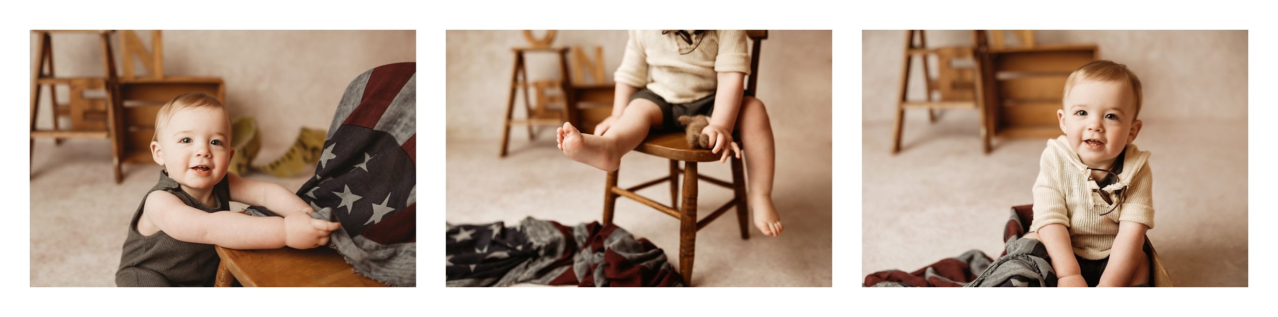 A three-image first birthday collage; the left shows a baby boy next to a muted American flag fabric, the center captures his legs as he sits on a wooden stool, and the right shows him smiling in a cream knit sweater.