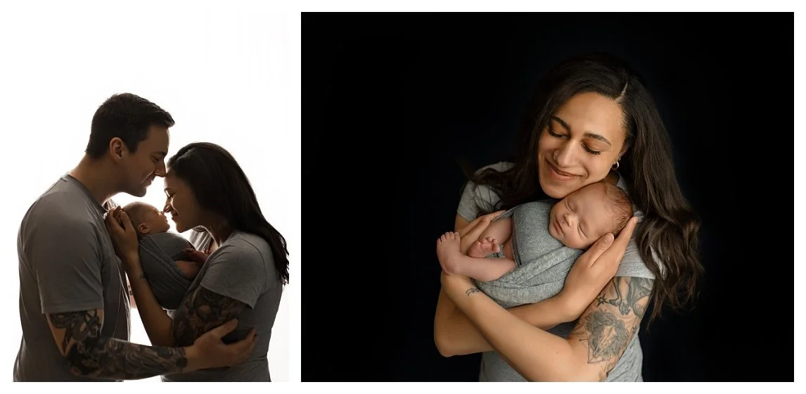A side-by-side newborn collage. The left shows a couple in profile smiling against a white backlit background while holding their baby; the right features a solo portrait of the mother cradling her sleeping newborn against a black backdrop.