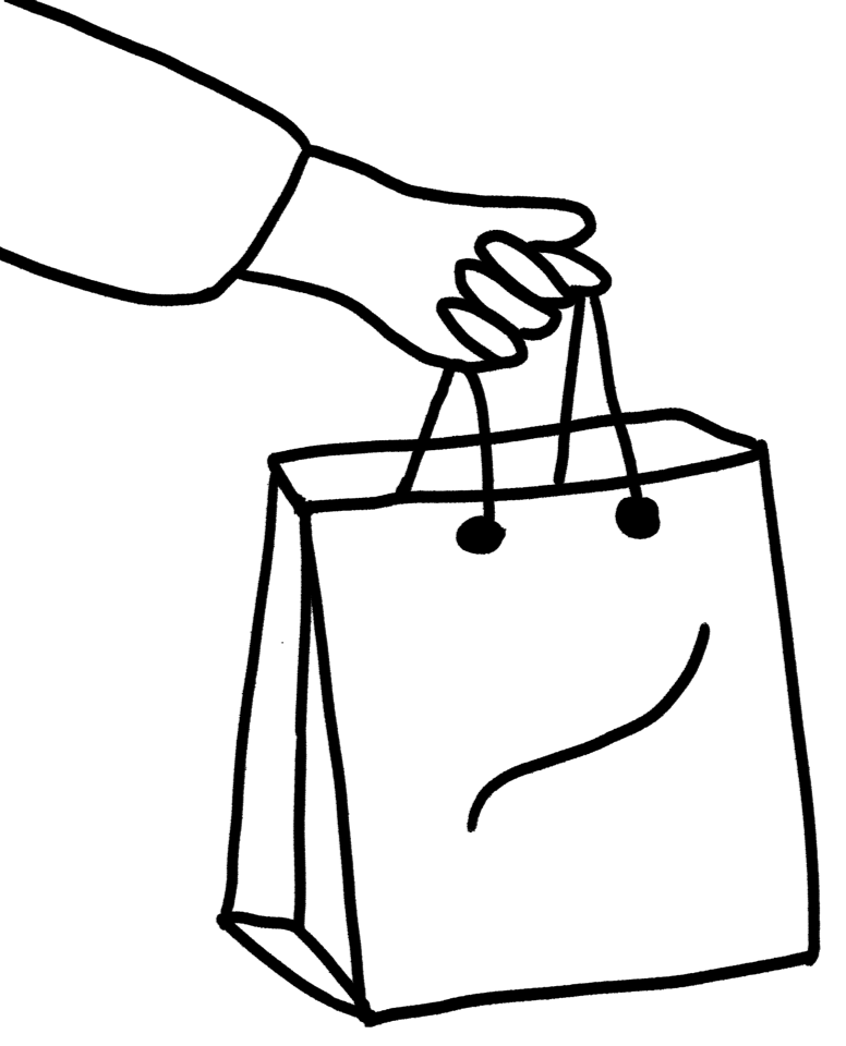 Black and white line art illustration of a hand holding a shopping bag.