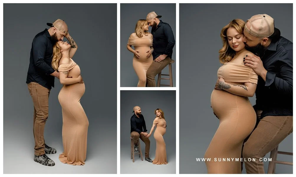 A collage of four maternity photos featuring a couple in a studio; the woman wears a form-fitting off-the-shoulder tan maxi dress, and the man wears a black button-down and tan trousers against a clean grey backdrop.