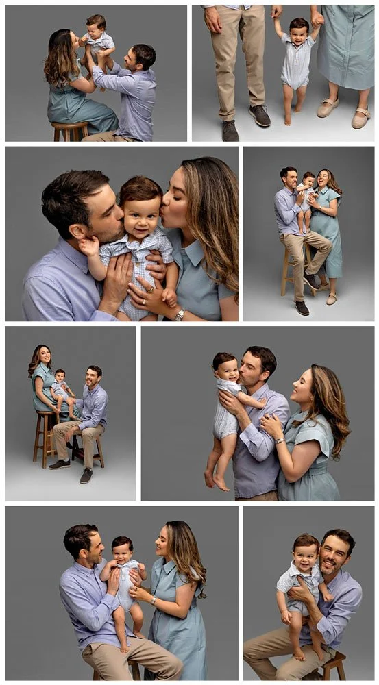 A collage of eight professional studio portraits featuring a mother, father, and their toddler son in blue and tan outfits, showing various poses including kisses, hugs, and standing together.