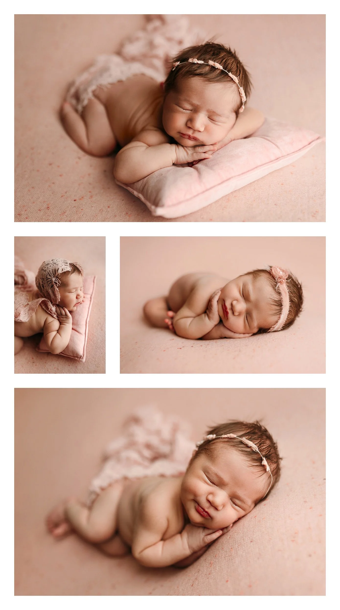 A four-image studio newborn collage; the frames show a sleeping baby girl in various poses on a pink backdrop, including resting on a small pink pillow and smiling while sleeping.