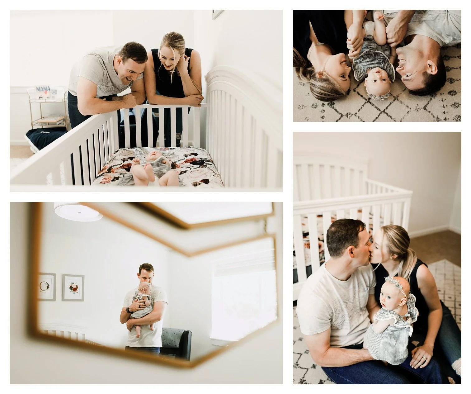 A bright and airy lifestyle newborn photography collage featuring a mother and father in a white nursery. The images show the parents leaning over a white crib, a reflected shot of the father holding the baby, the family lying on a geometric rug, and