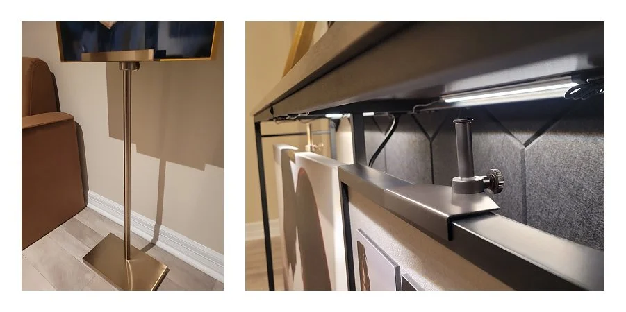A two-image photography studio hardware collage; the left shows a sleek brass floor stand holding a framed portrait print, and the right shows a close-up of a black metal console table with mounting brackets and under-shelf LED lighting.