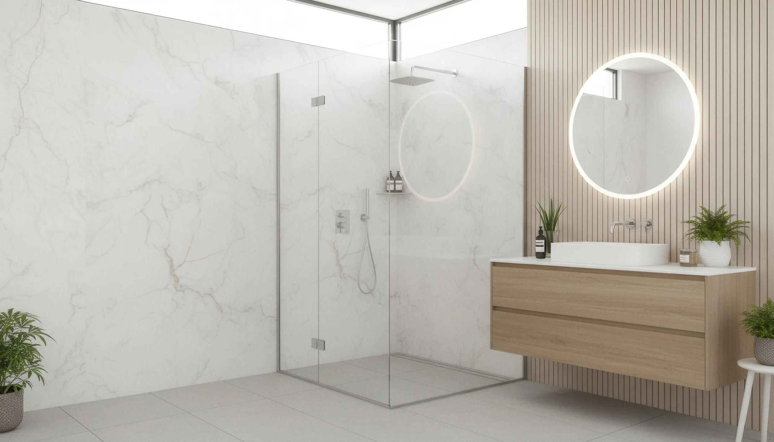 Modern Bathroom with Porcelain slab Showerwall utilizing Zeus White 5x10 Porcelain Slab | CIERO