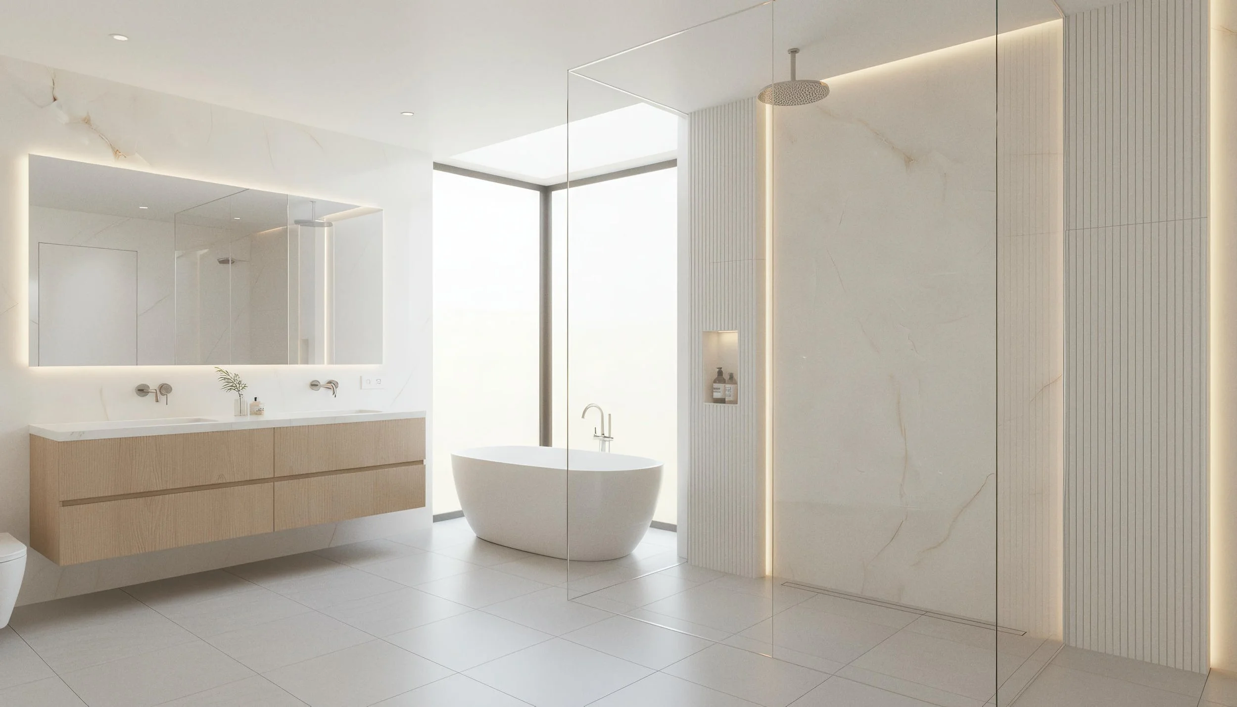 Modern Bathroom With Onyx Light 4x10 Porcelain Slab Shower Wall | CIERO