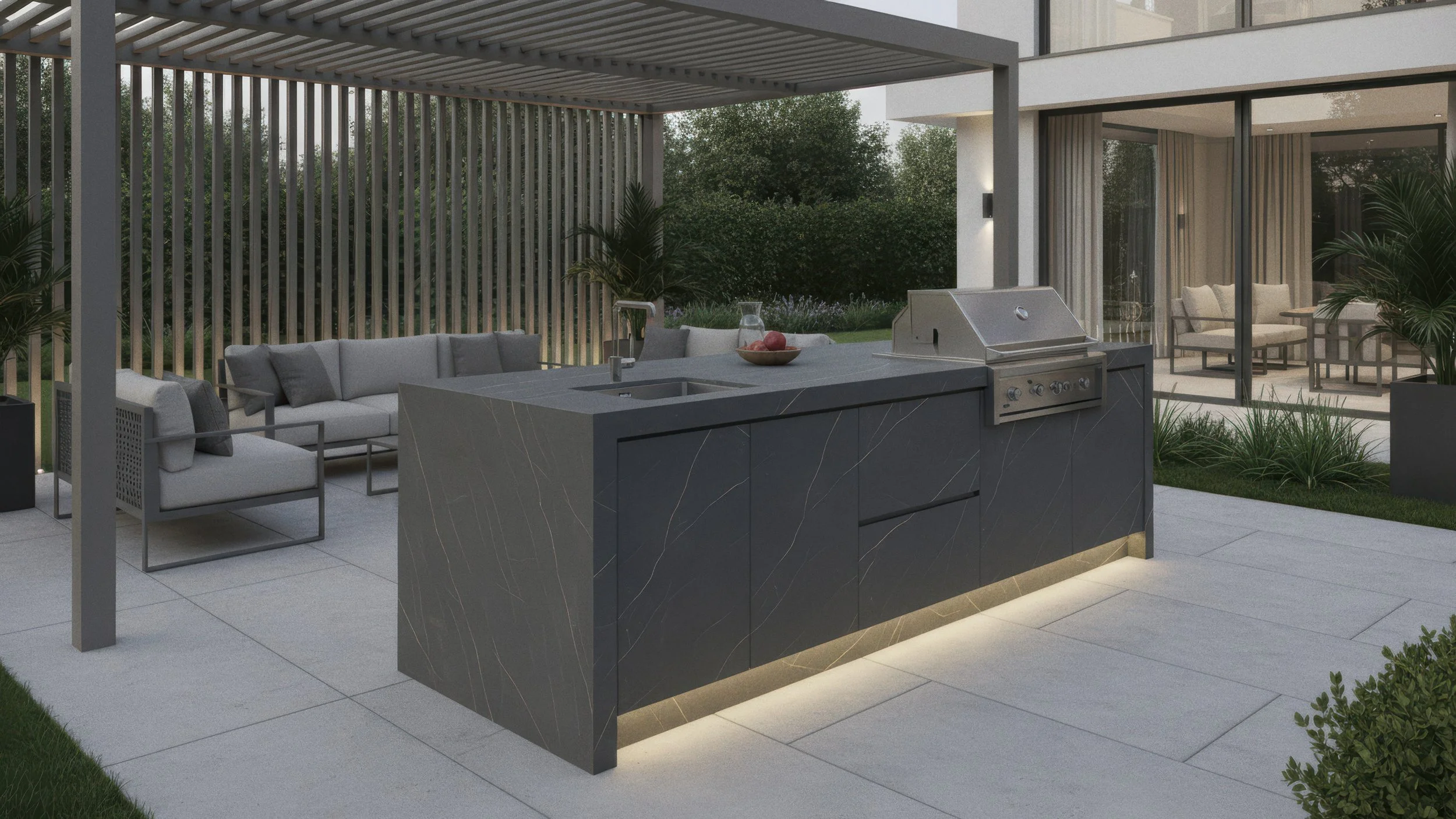Modern outdoor BBQ kitchen with Gothic Gold 5x10 Porcelain slab used from CIERO INC