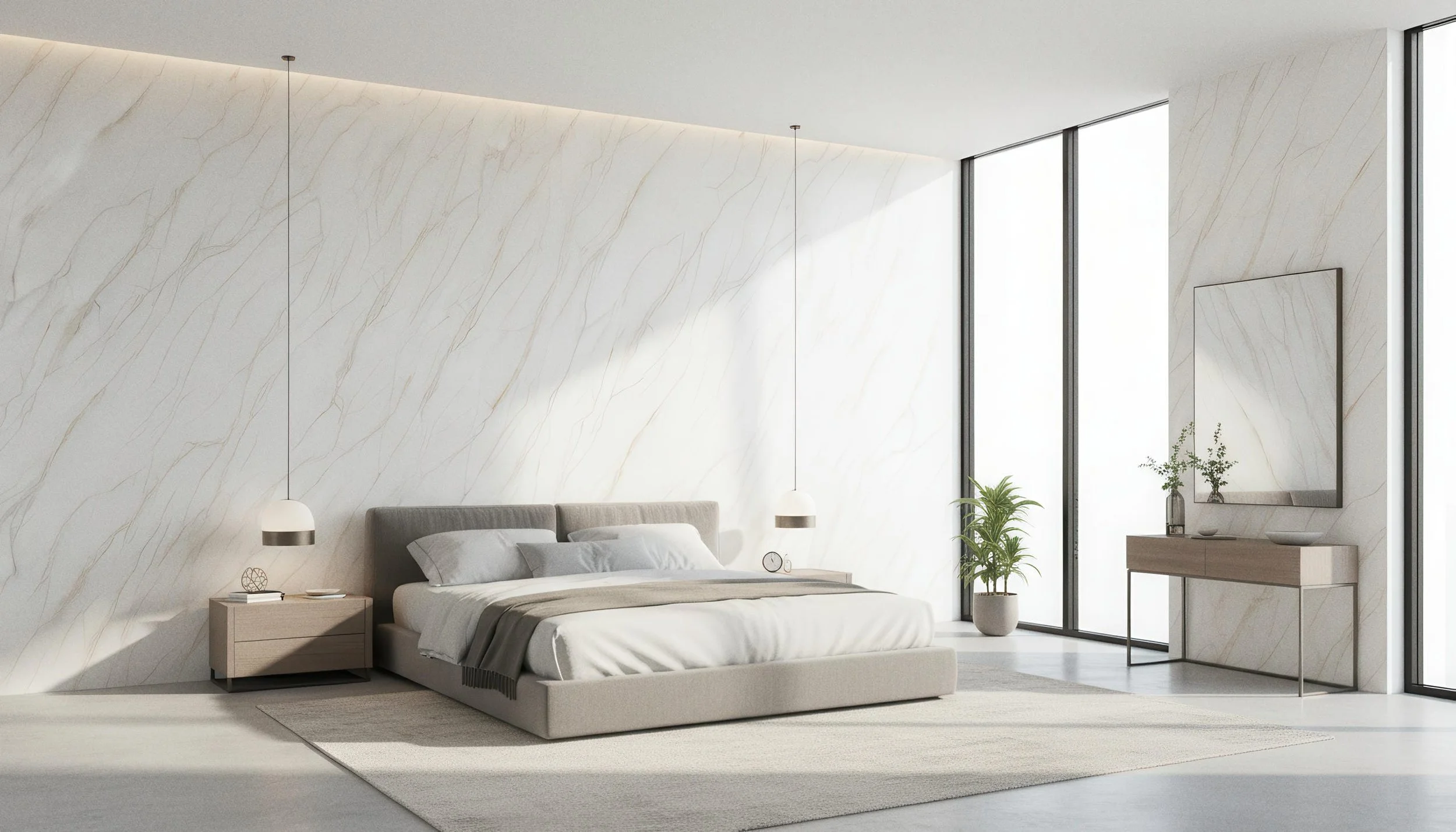 Modern Bedroom with Prestige 4x10 Porcelain Slab Feature Wall | CIERO