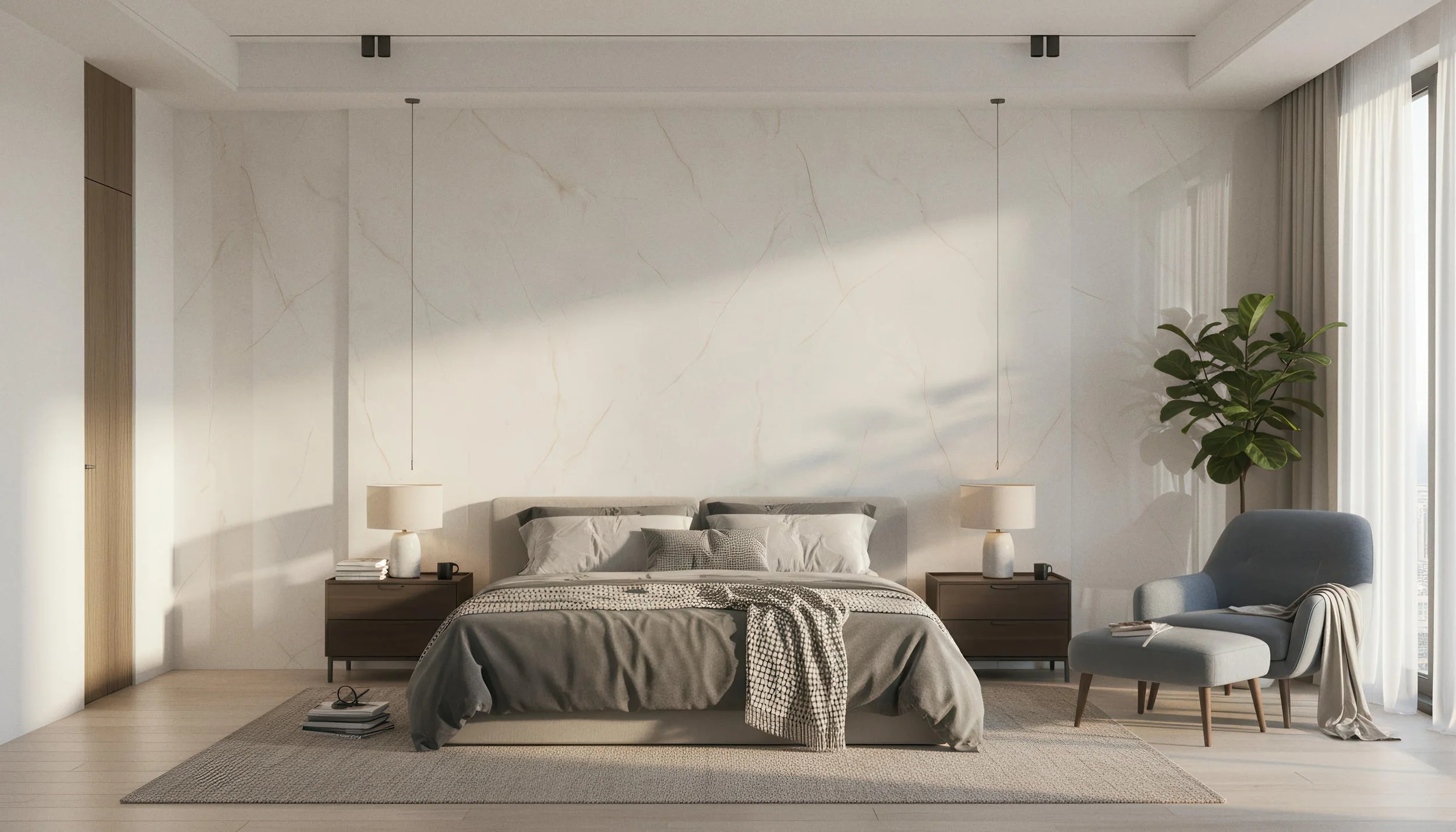 Modern Bedroom With Onyx Light 4x10 Porcelain Slab Back Wall | CIERO