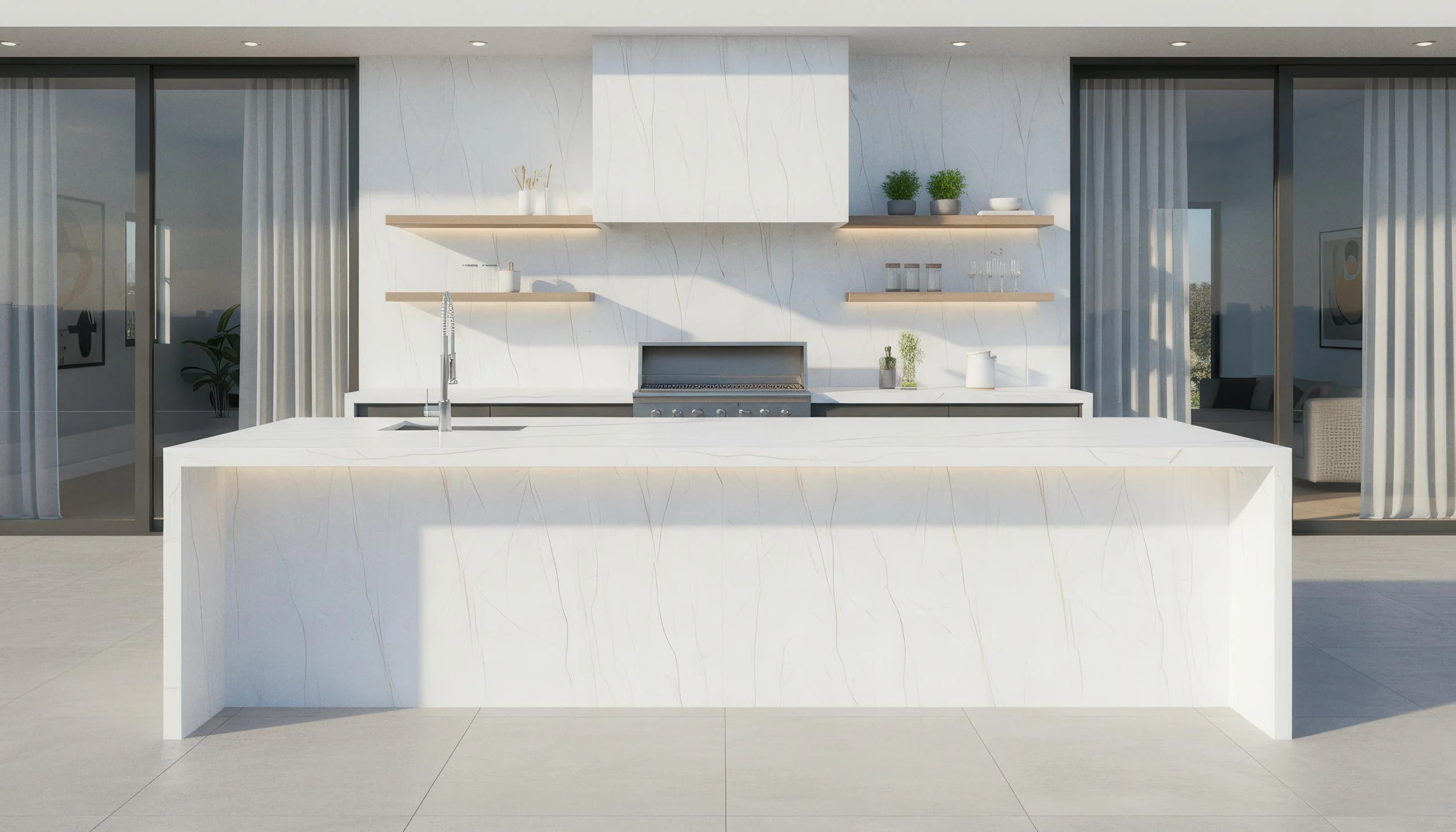 Modern Outddoor Kitchen With Statuario Pearl 4x9 Porcelain Slab Island & Backsplash | CIERO
