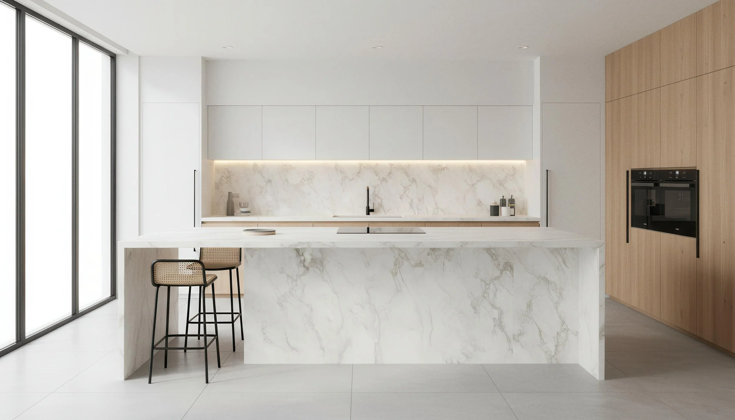 Modern Kitchen With Vienna White 4x9 Porcelain Slab Island & Backsplash | CIERO