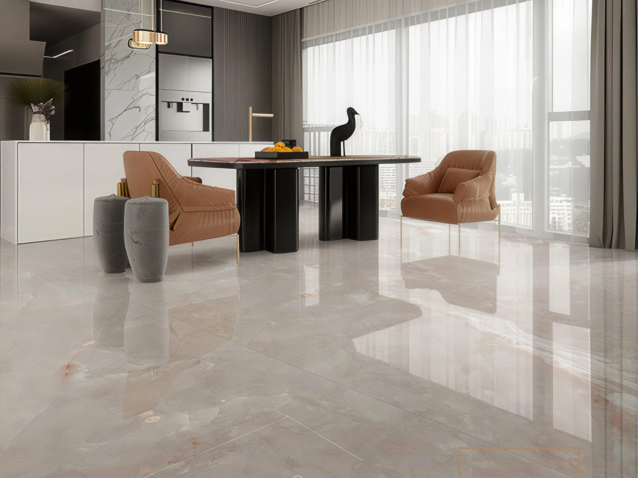 Modern Livingroom with Onyx Pink 4x10 Porcelain Slab Flooring | CIERO