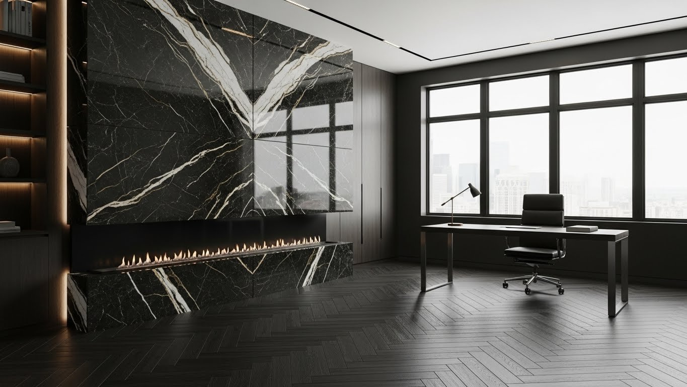 Dark tone condo office with porcelain slab fireplace and herringbone engineered wood flooring