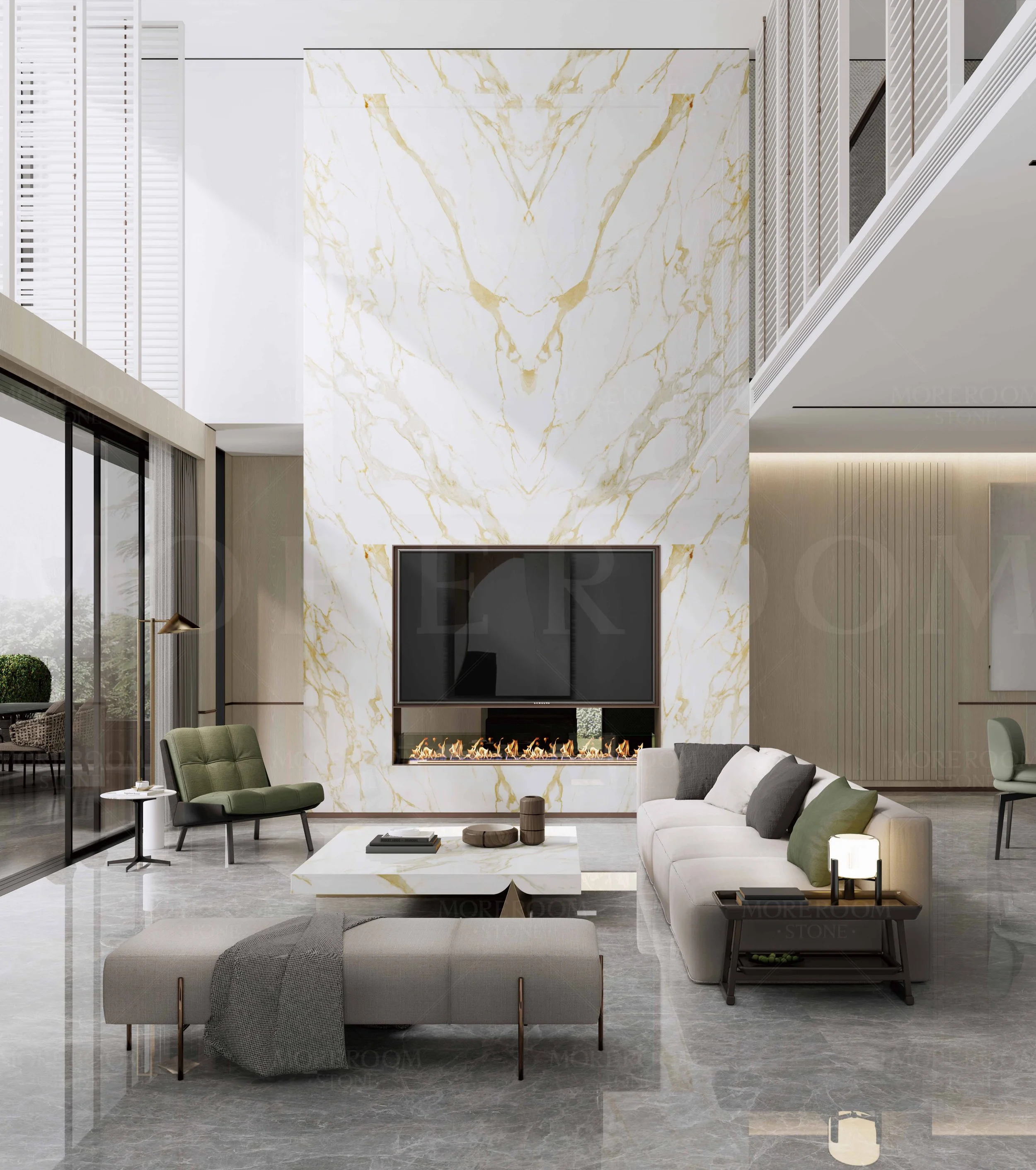 Modern livingroom scene with Givenchy Gold 5x10 Porcelain Slab Feature Wall with Builtin Fireplace | CIERO