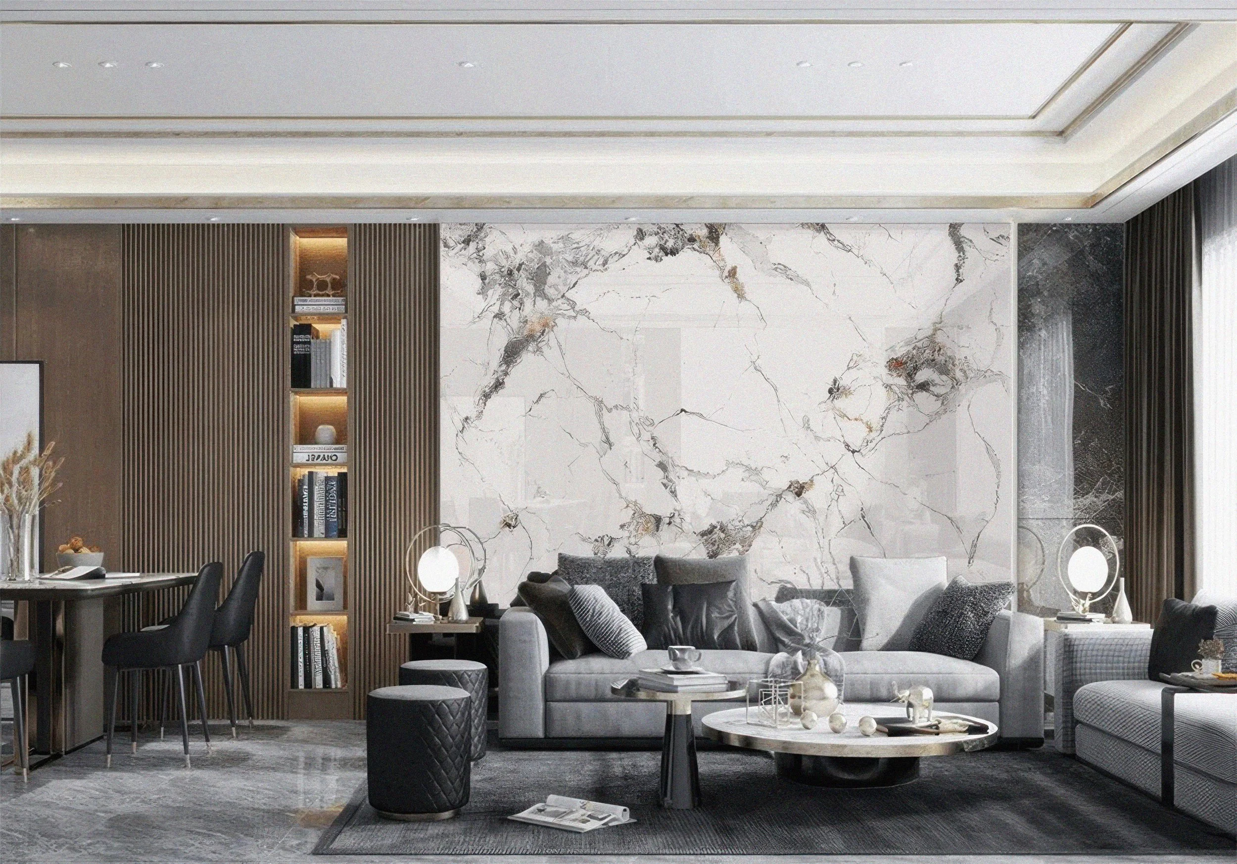 Modern Livingroom With Arden Gold Porcelain Slab as a Feature Wall