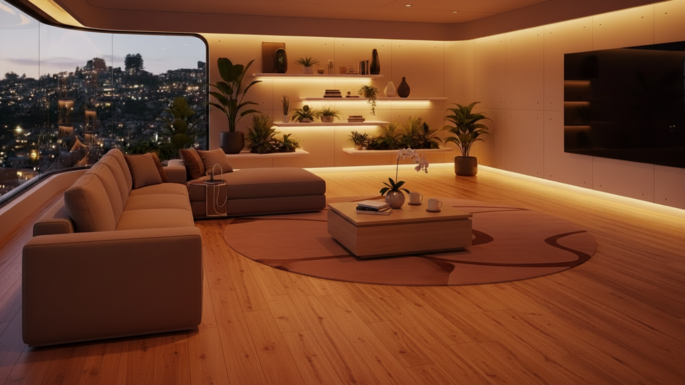 Modern Livingroom with warm tones and cottage style engineered wood flooring