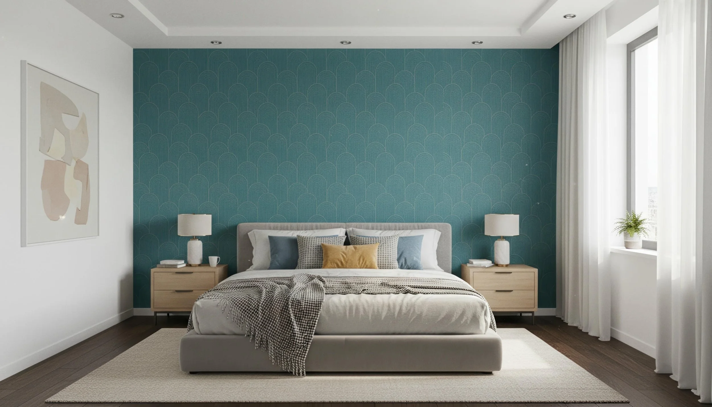Modern Bedroom With Zen Crest Teal 80cm x 260cm Feature Wall | CIERO
