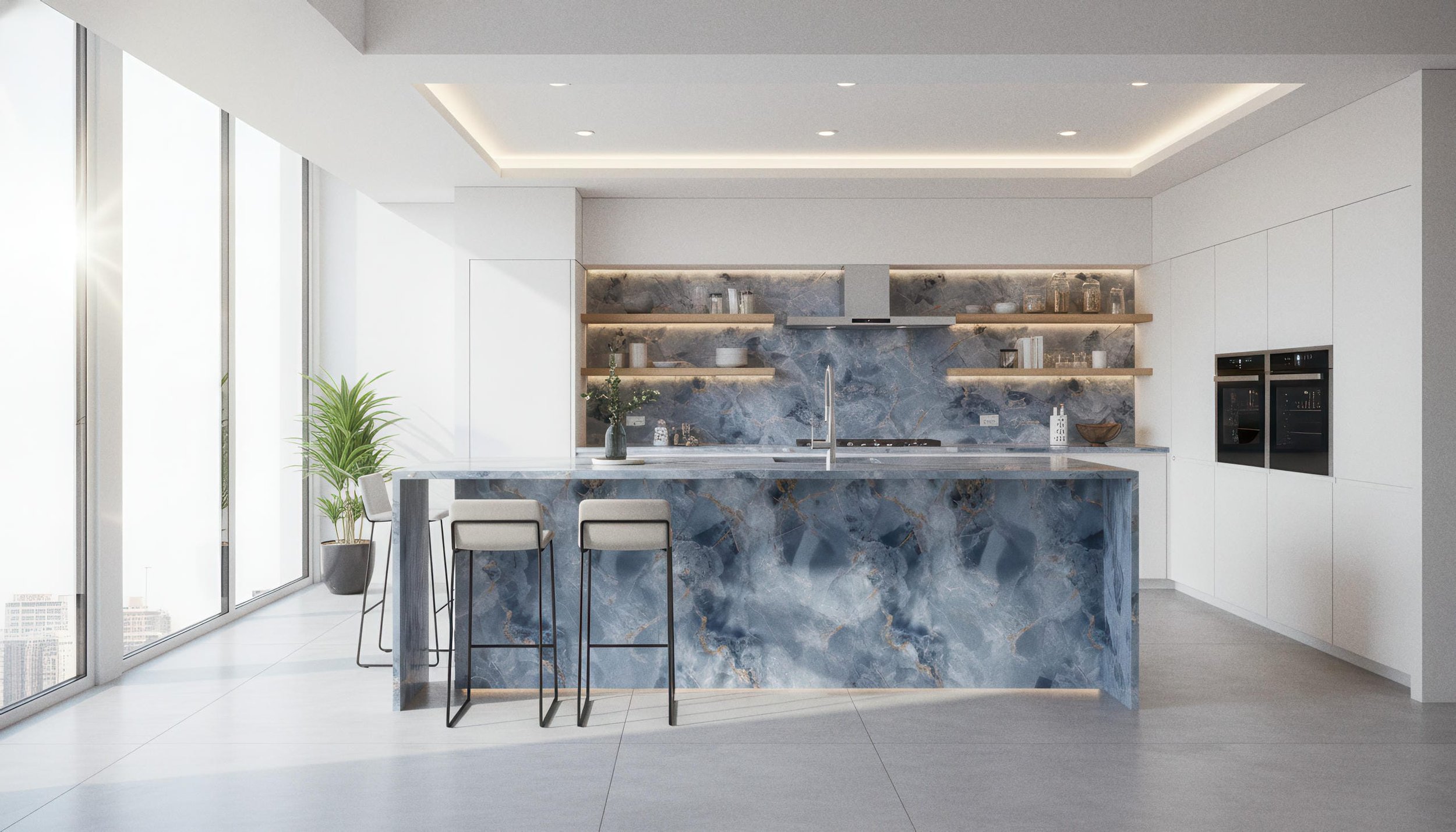 Modern Kitchen With Onyx Neptune 4x10 Porcelain Slab Island | CIERO