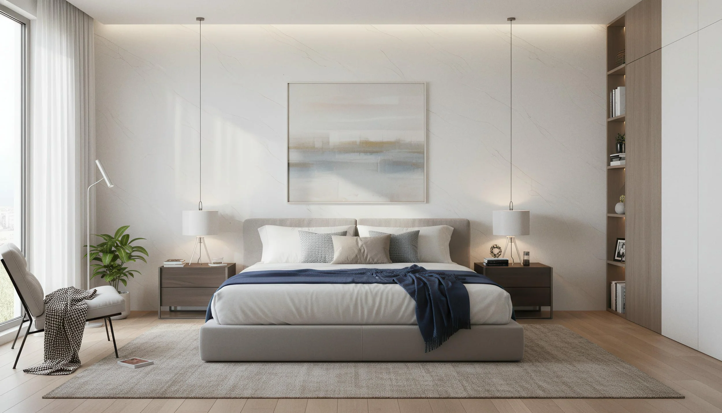 Modern Bedroom With White Jade 4x9 Porcelain Slab Feature Wall | CIERO INC