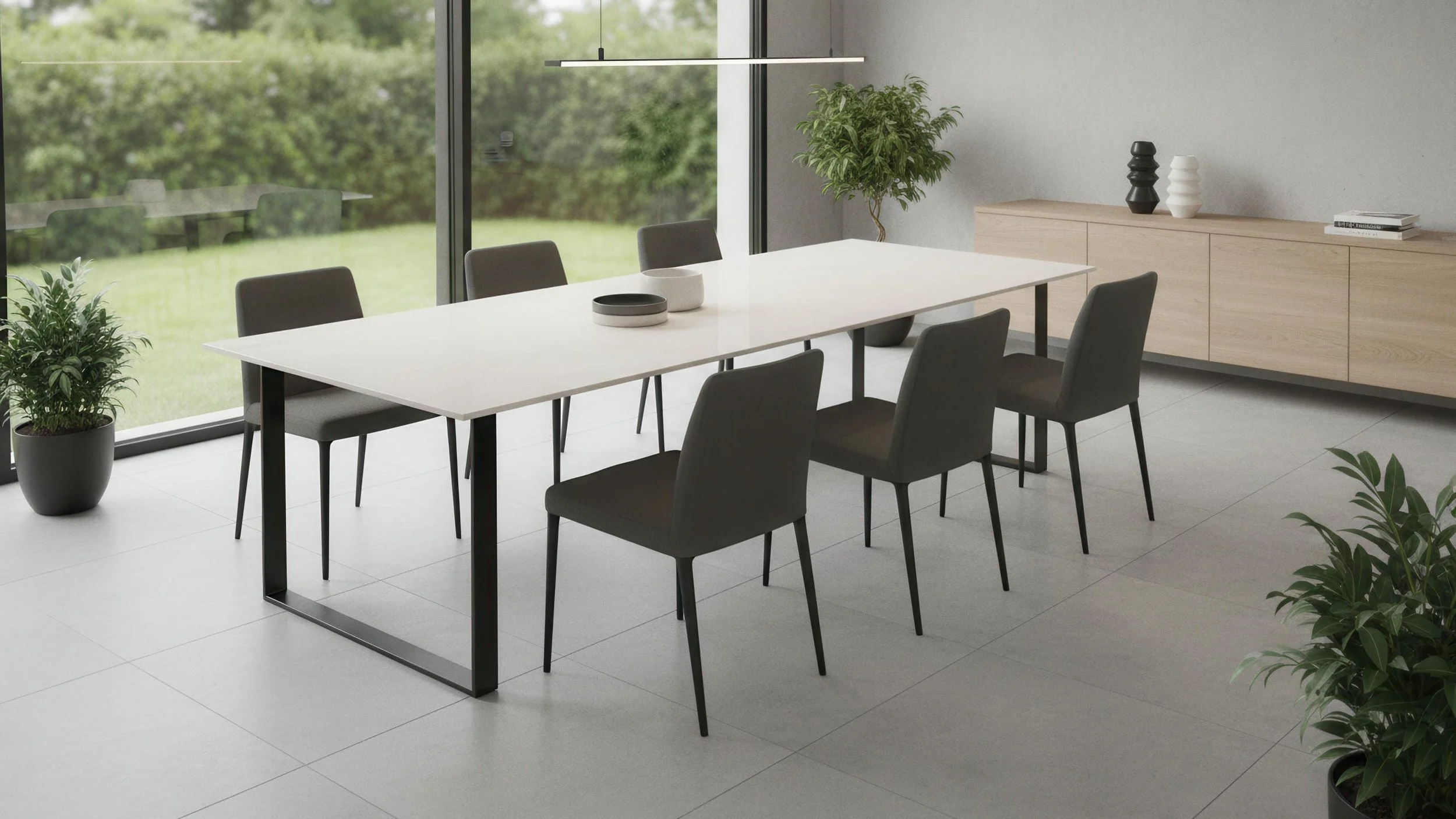 Modern Dining Room With Porcelain Slab Dining Table Made From Glacier 5x10 Porcelain Slab from CIERO INC