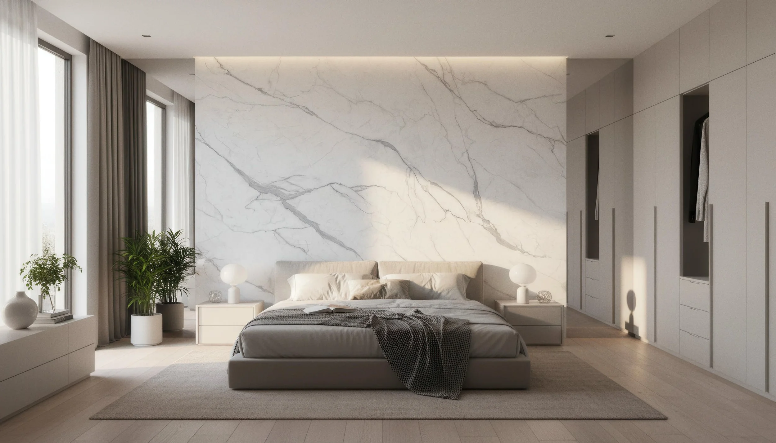 Modern Bedroom With Calacatta Victoria 4x8 Porcelain Slab Accent Wall | CIERO