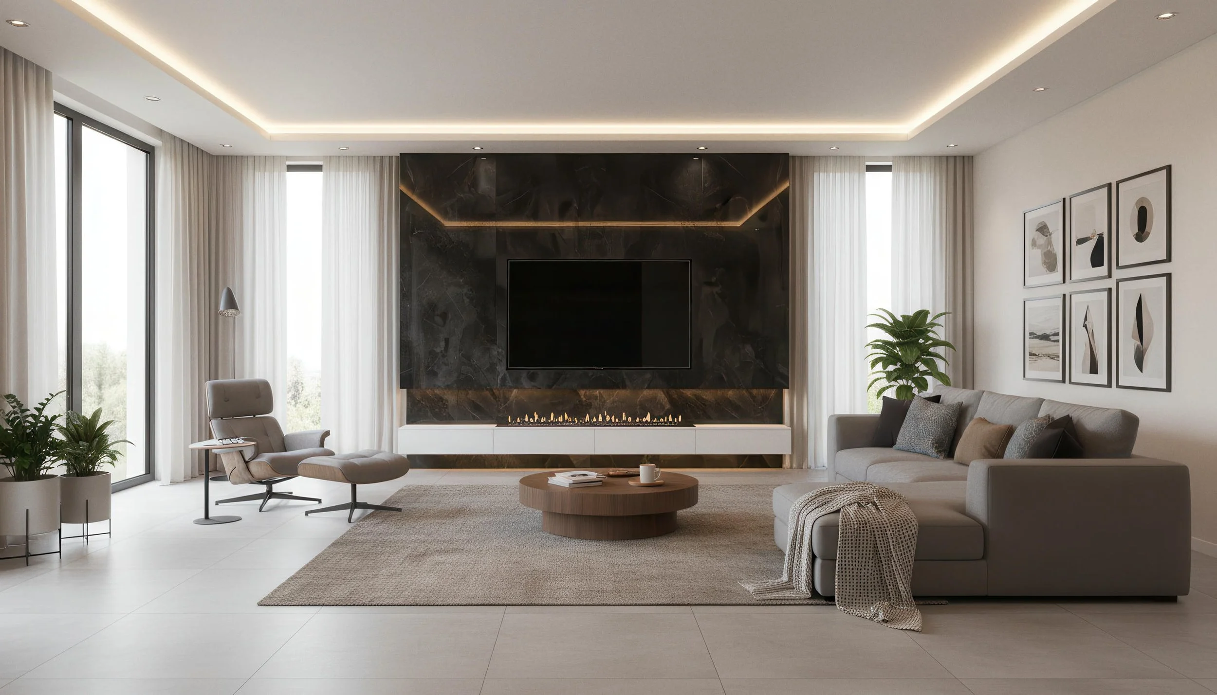 Modern Livingroom with Onyx Noir 4x10 Porcelain Slab Fireplace TV Wall  | CIERO