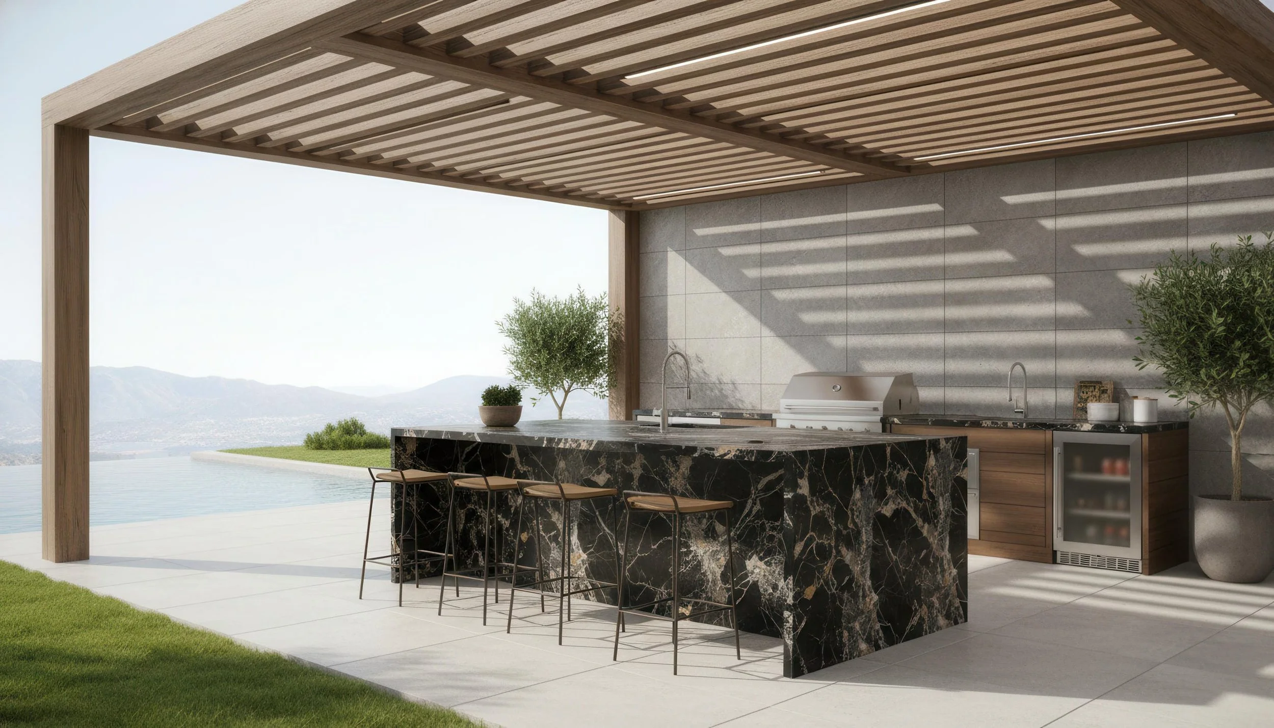 Modern Outdoor Kitchen with Ankara Golden 5x10 Porcelain Slab Island | CIERO