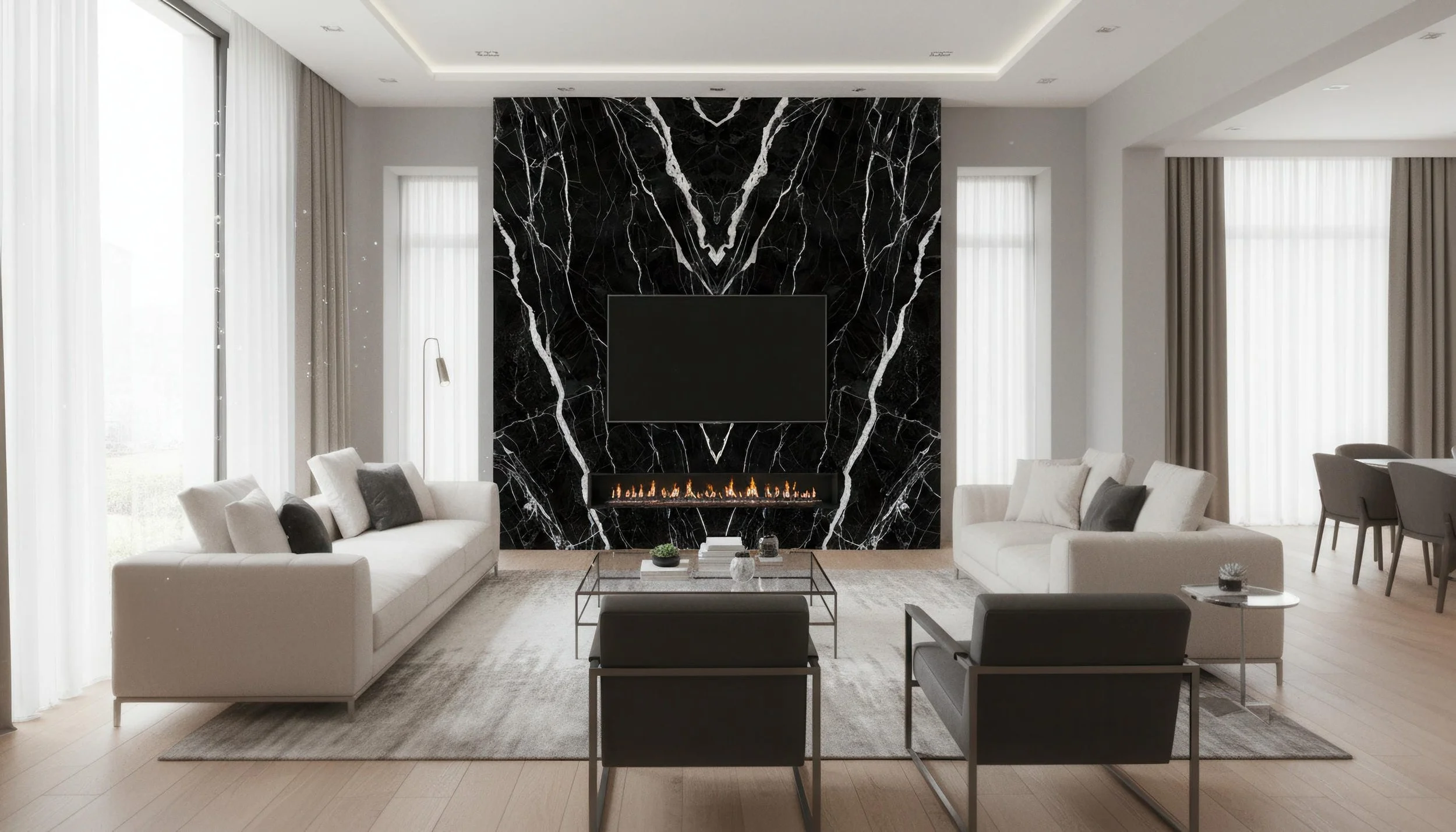 Modern livingroom with fireplace featurewall made from Starry Seine 5x10 Porcelain Slab | CIERO