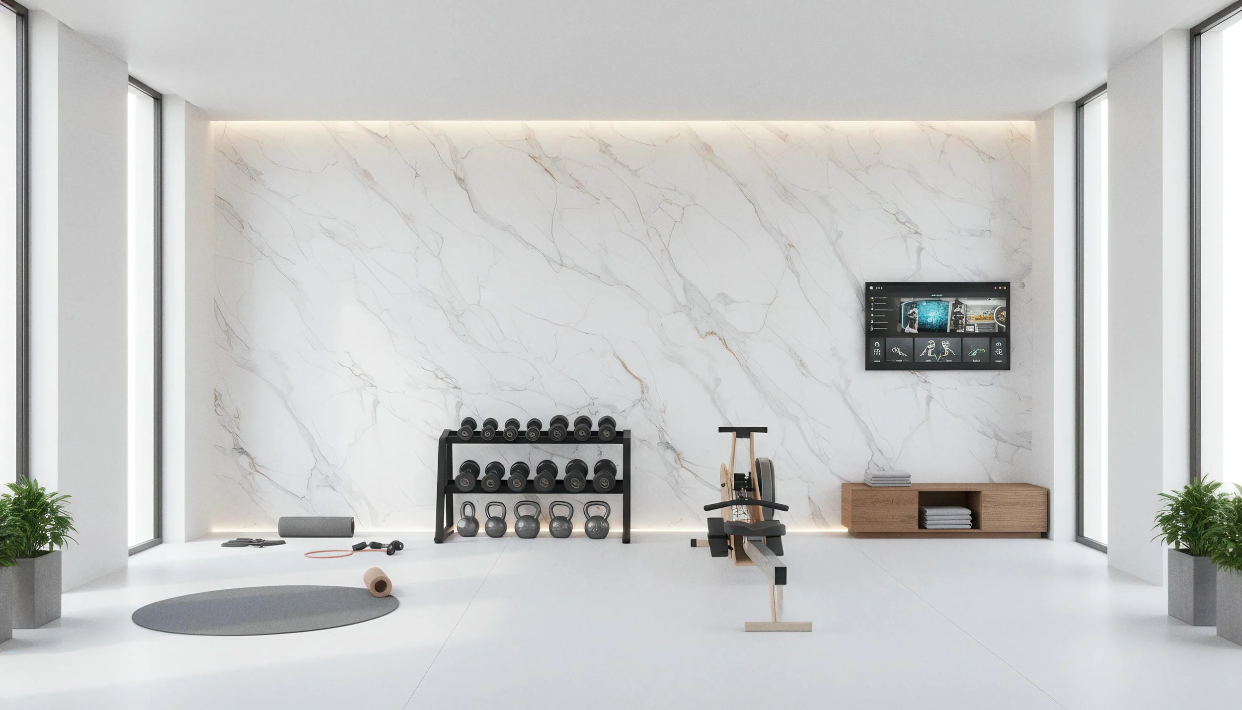 Modern Home Gym With Prestige 4x10 Porcelain Slab Featurewall | CIERO