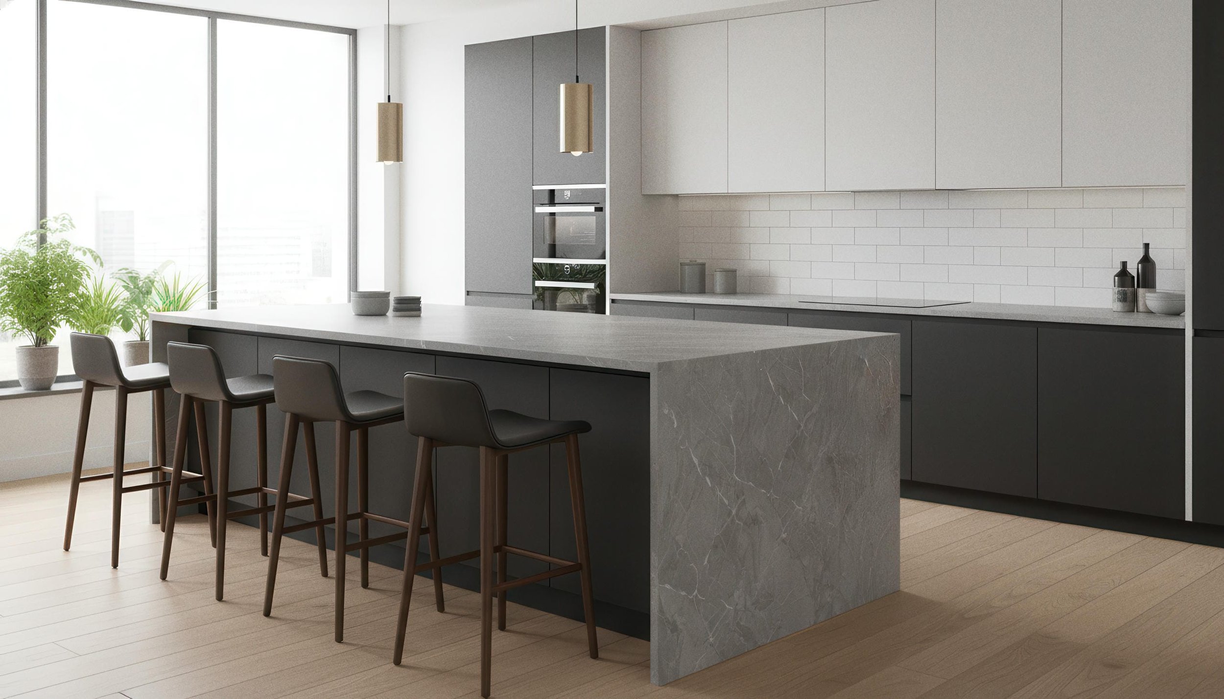 Modern Kitchen With Tempest 4x10 Porcelain Slab Island | CIERO
