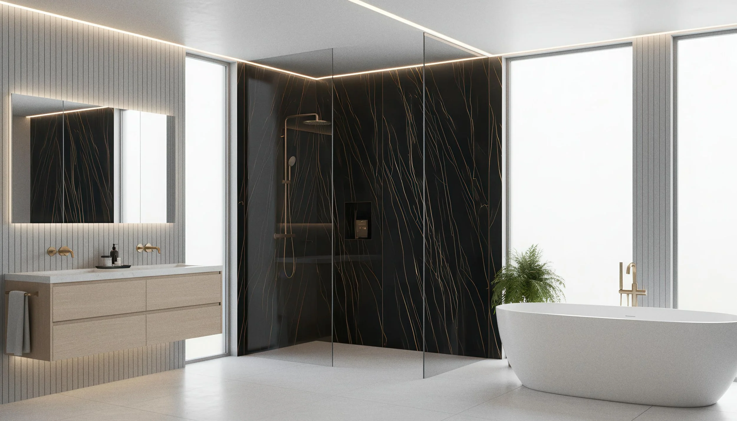 Modern Bathroom With Sahara Noir 5x10 Porcelain Slab Shower Wall | CIERO