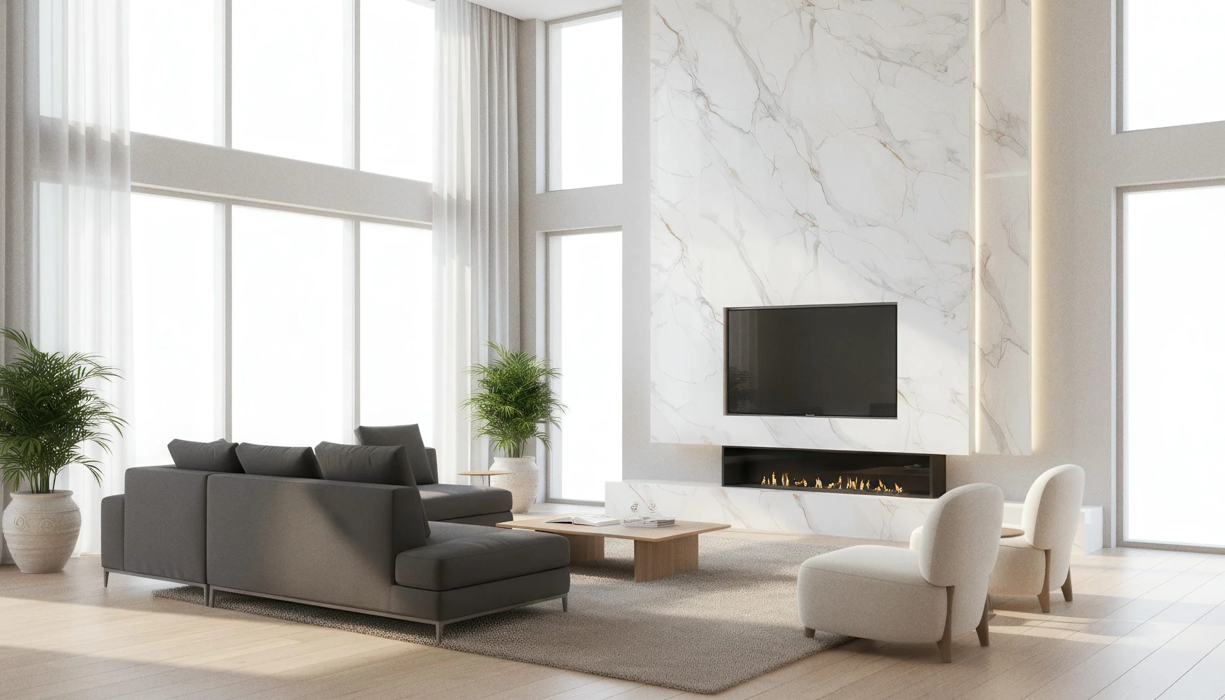 Modern Livingroom With Prestige 4x10 Porcelain Slab Fireplace Featurewall | CIERO