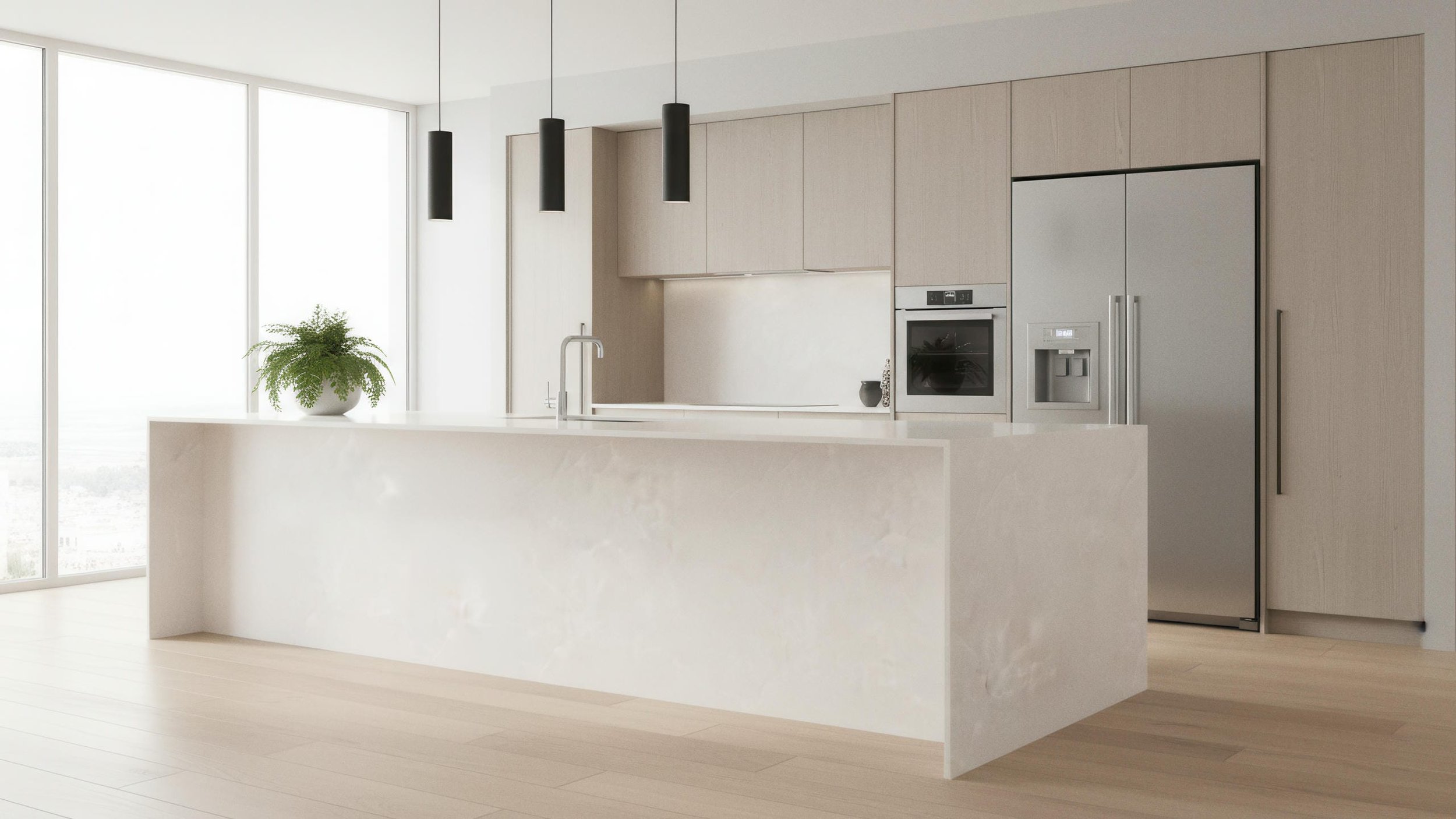Modern Kitchen With Porcelain Slab Kitchen Island Made From Glacier 5X10 Porcelain Slab From CIERO INC