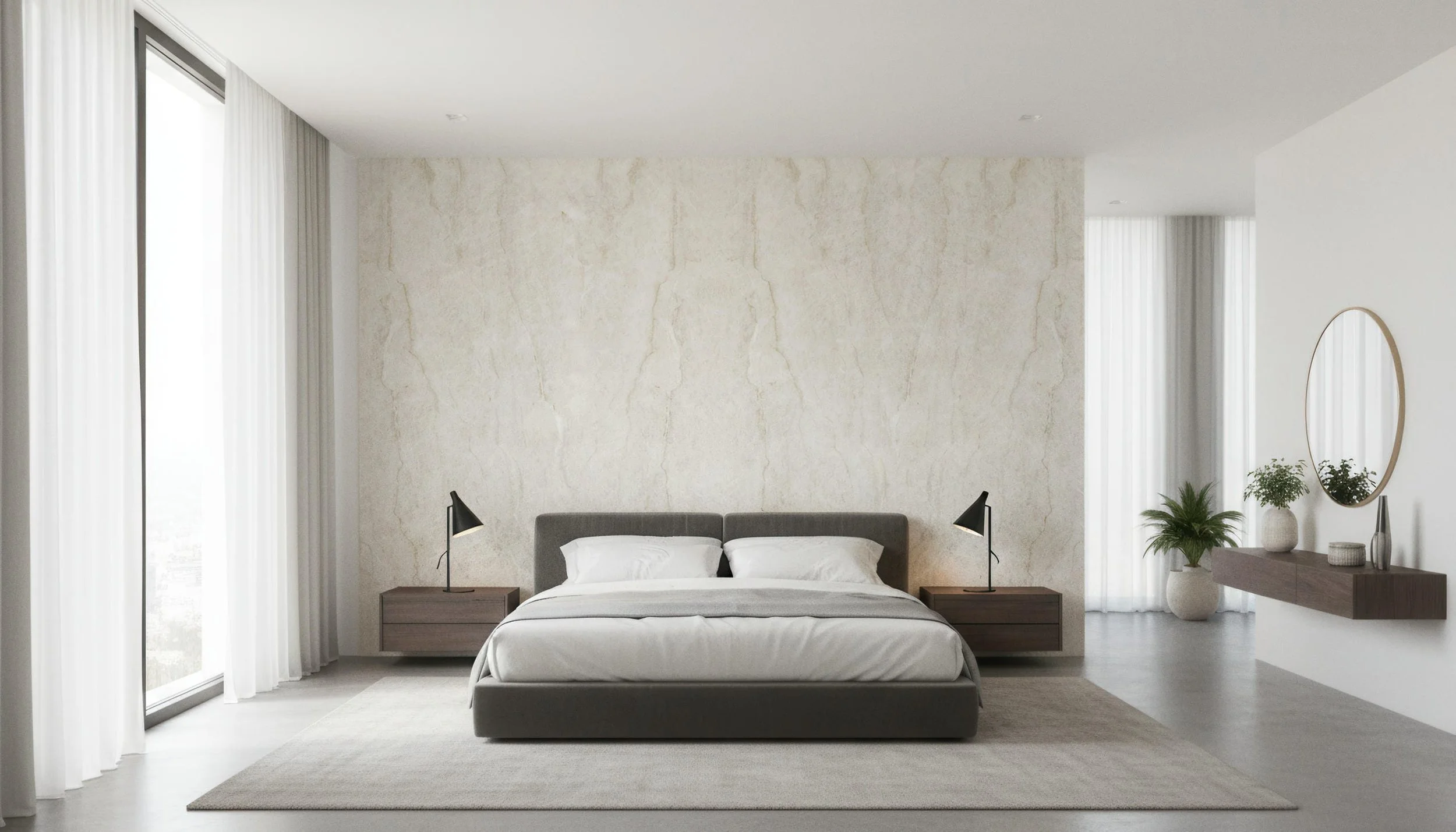 Modern Bedroom with Taj Mahal 5x10 Porcelain Slab Feature wall| CIERO
