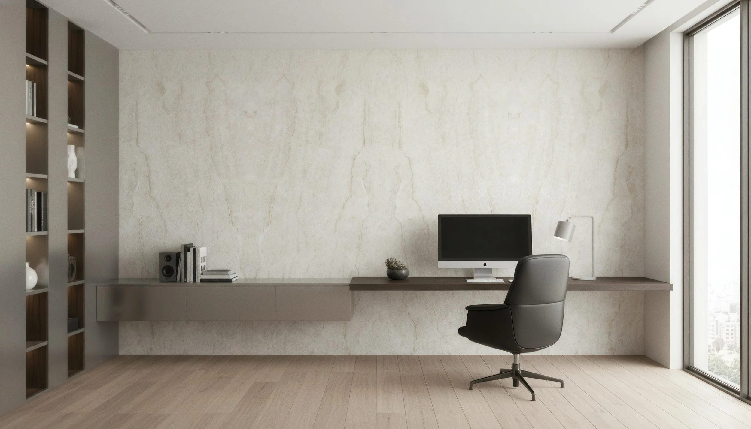 Modern home office with Taj Mahal 5x10 Porcelain Slab Feature wall| CIERO