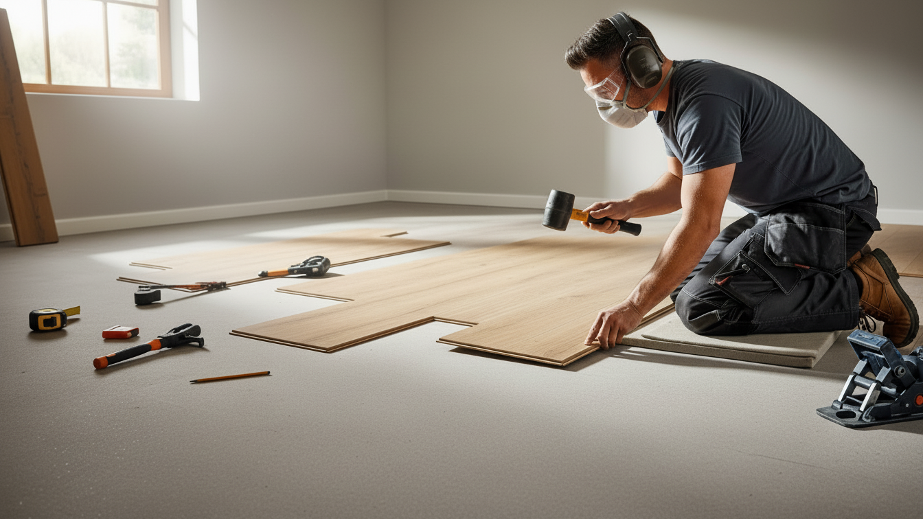 Flooring installer instlaling engineered flooring in bedroom