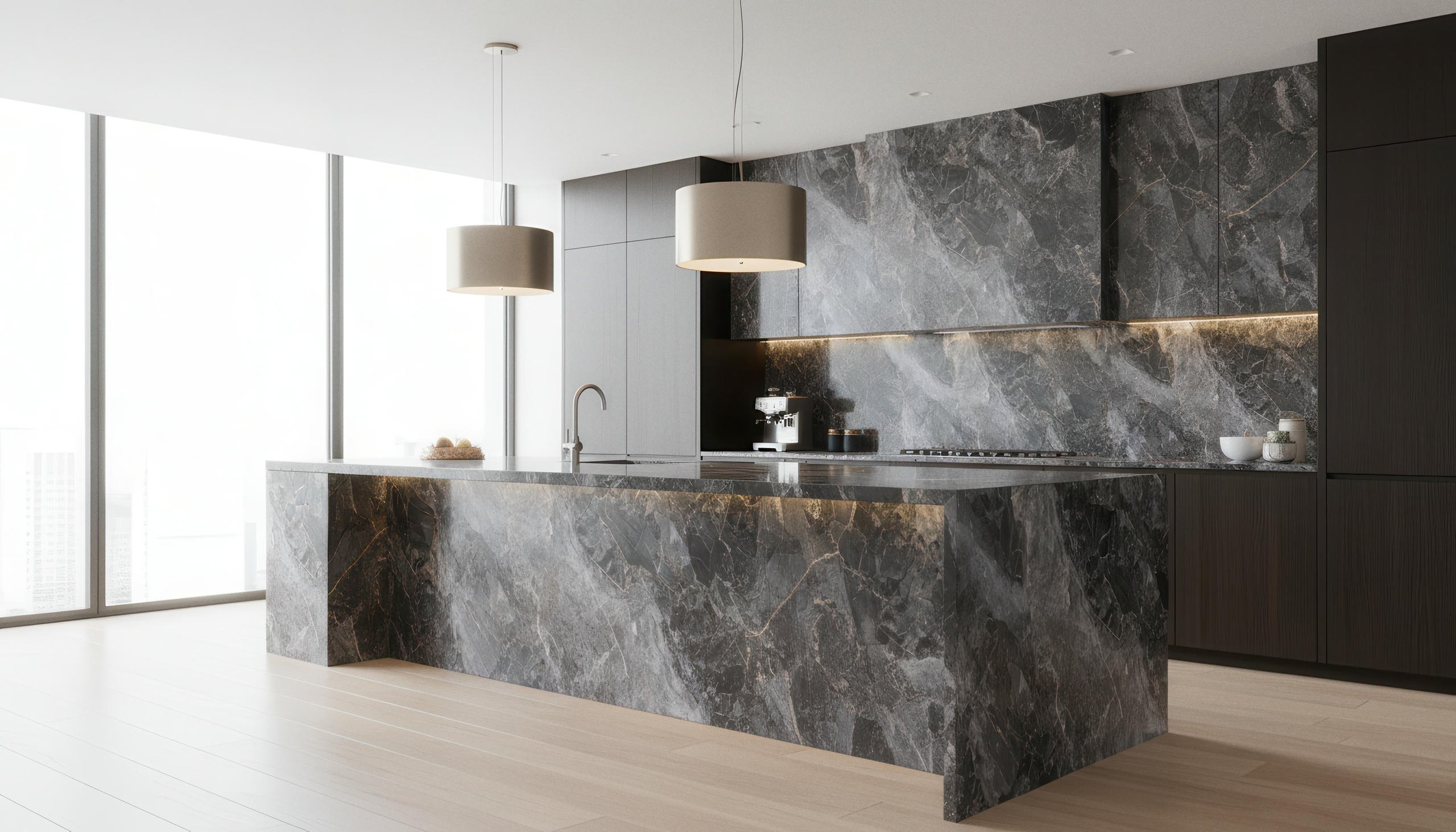 Modern Kitchen With Galaxy 4x9 Porcelain Slab Island & Countertop | CIERO INC
