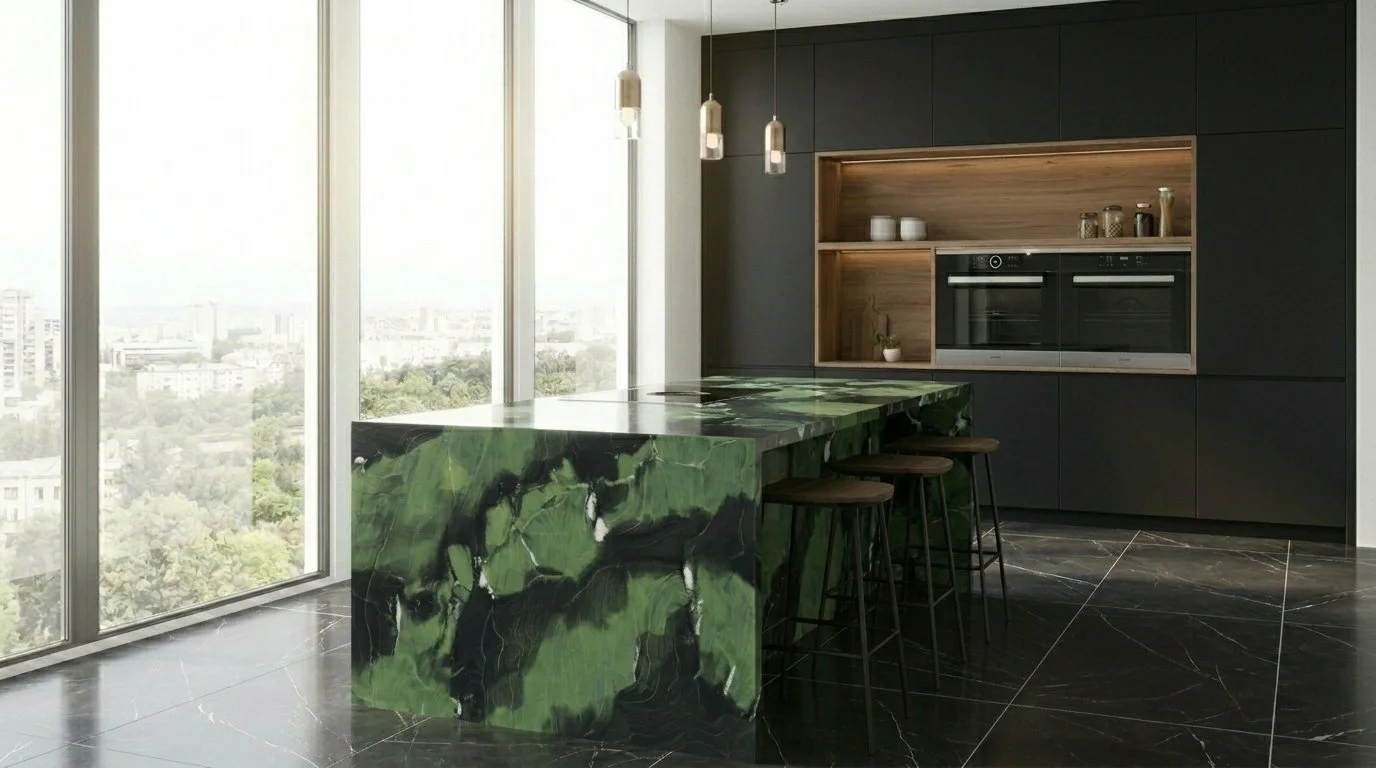 Modern Kitchen Featuring the Avocado Green 5x10 porcelain Slab on the Island | CIERO