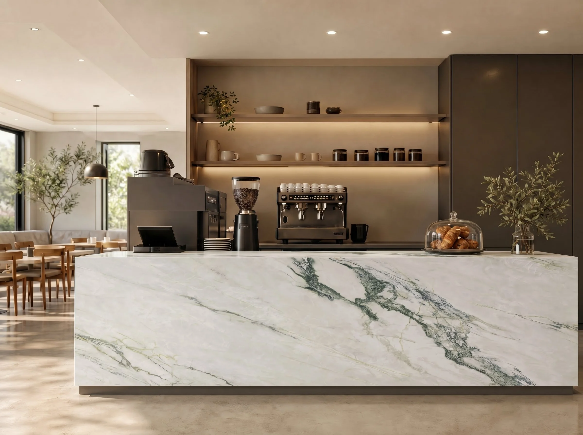 High End Coffee Shop With Calacatta Verde Porcelain Slab Kitchen Island | CIERO