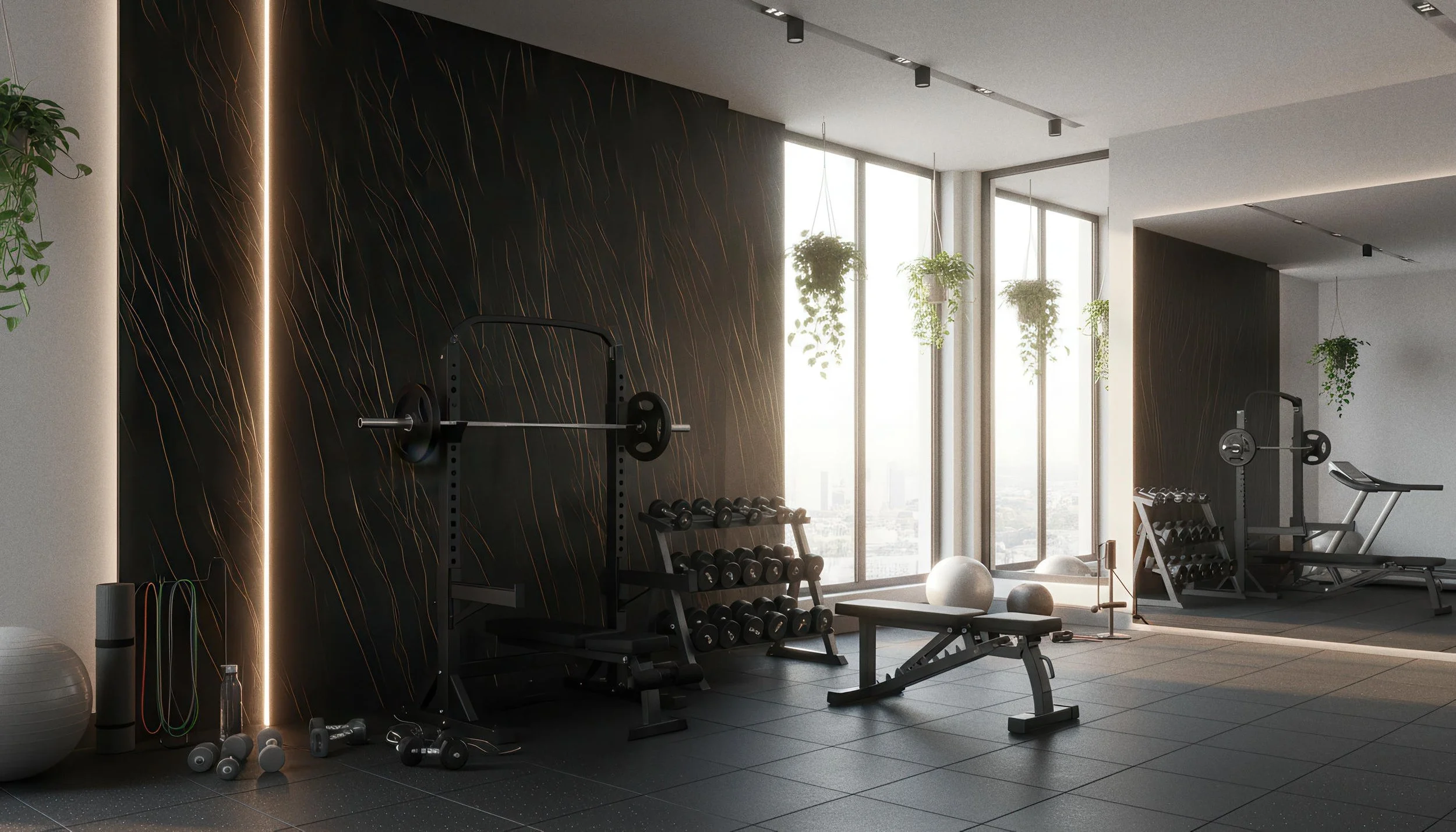 Modern Home Gym With Sahara Noir 5x10 Porcelain Slab Feature Wall | CIERO