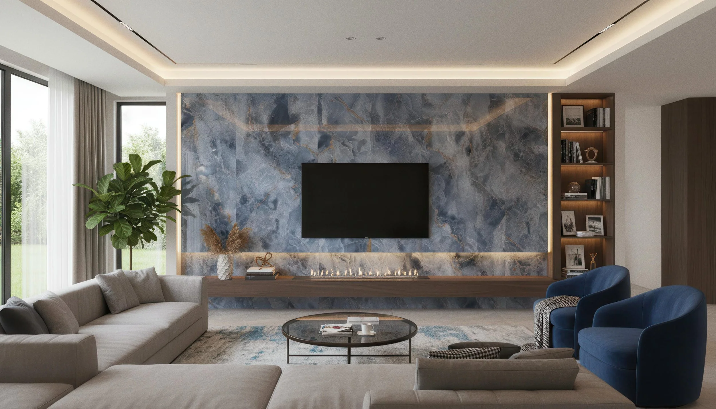 Modern Livingroom With Onyx Neptune 4x10 Porcelain Slab Feature wall | CIERO