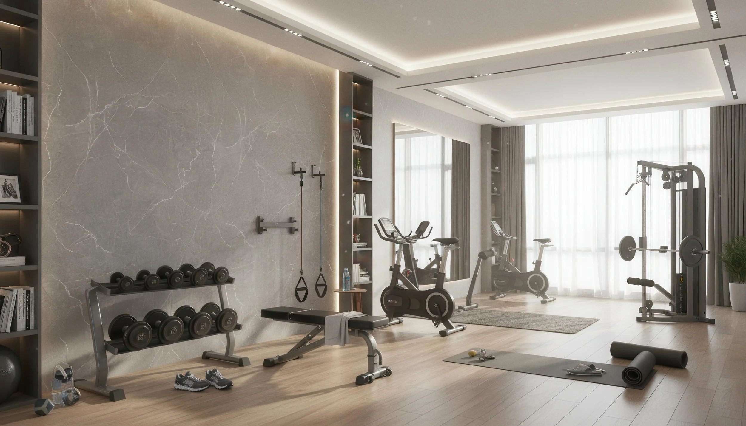 Modern Home Gym Setup With Cloud Grey 4x9 Porcelain Slab Feature Wall | CIERO