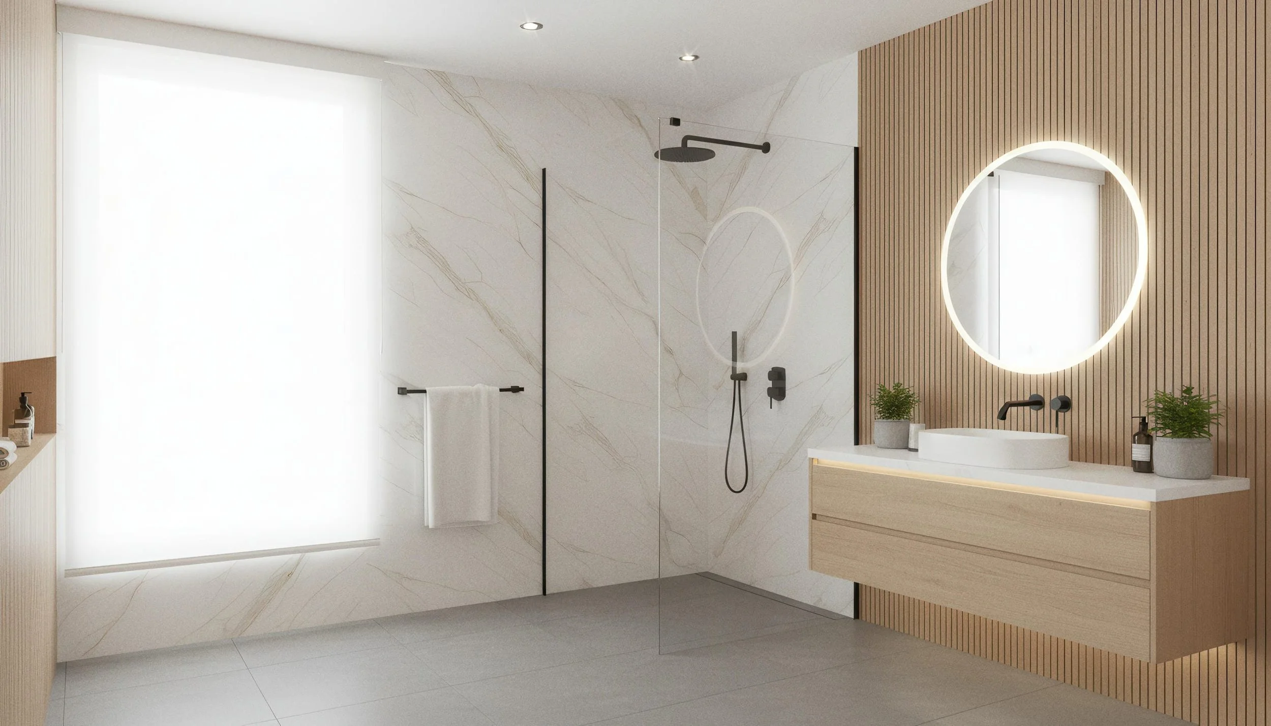 Modern Bathroom with Prestige 4x10 Porcelain Slab Shower Wall | CIERO