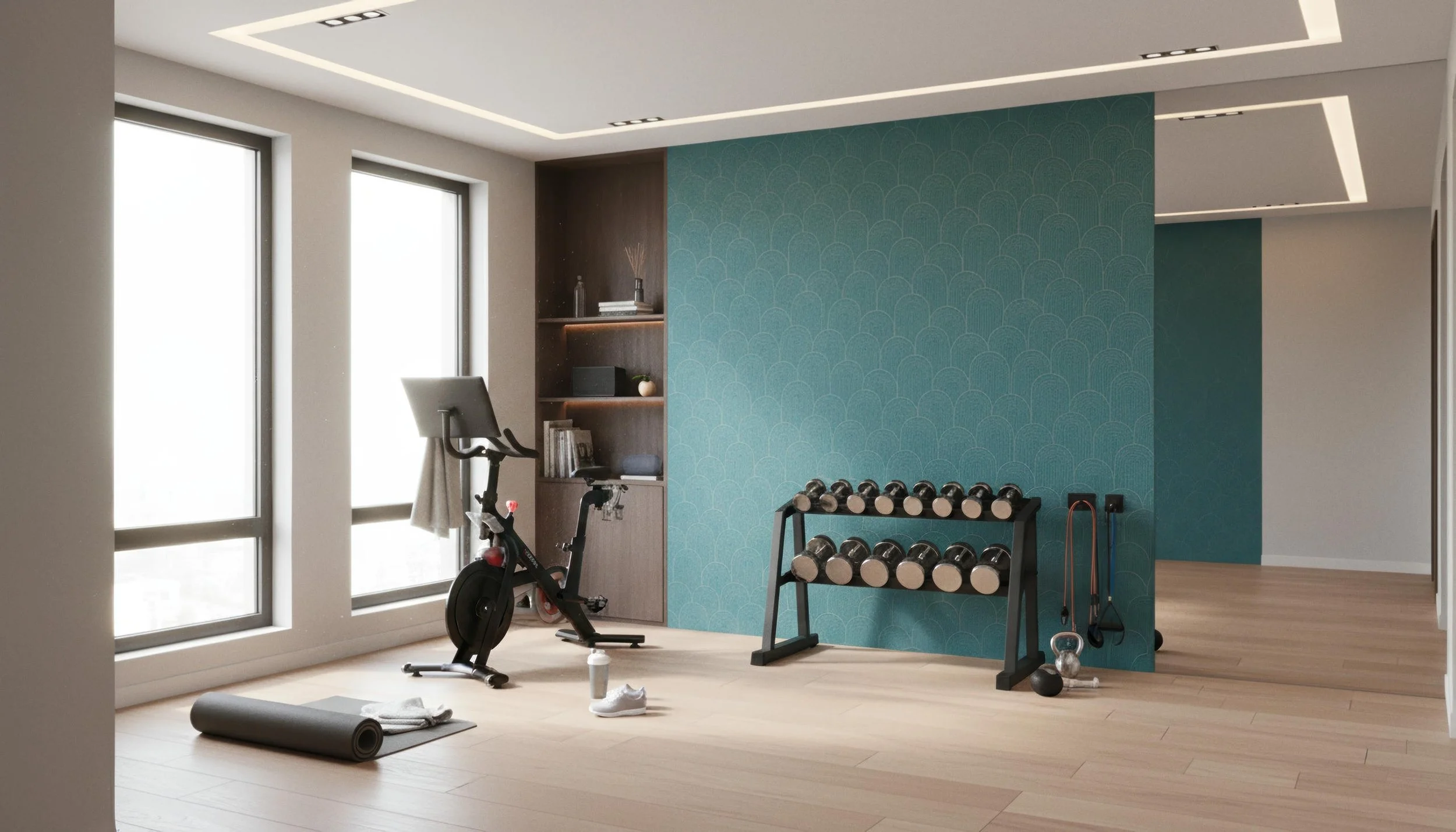 Modern Home Gym with Zen Crest Teal 80cm x 260cm Feature Wall | CIERO
