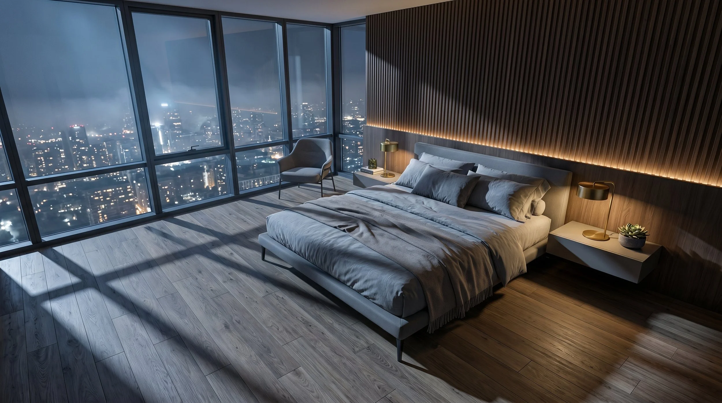 Luxury Highrise Bedroom With Engineered Wood Flooring At Night