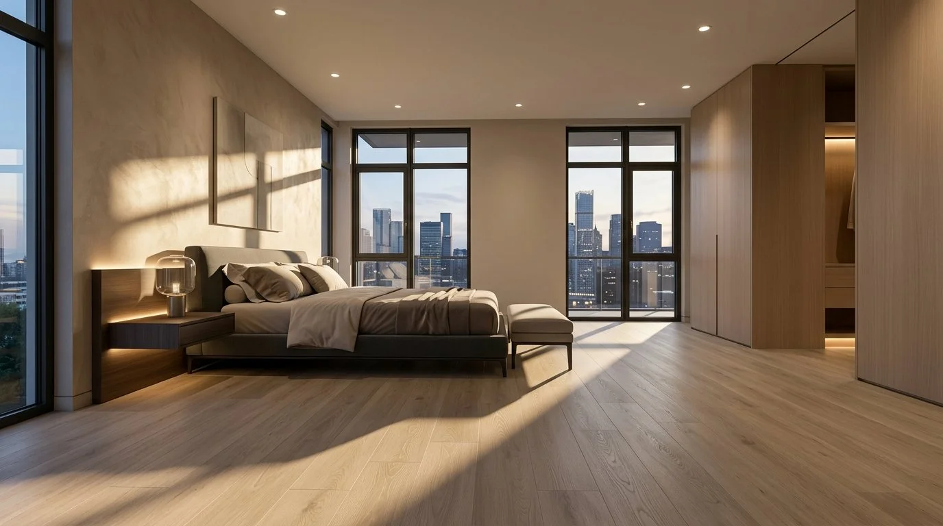 Luxury Penthouse Bedroom With LVP Flooring | CIERO