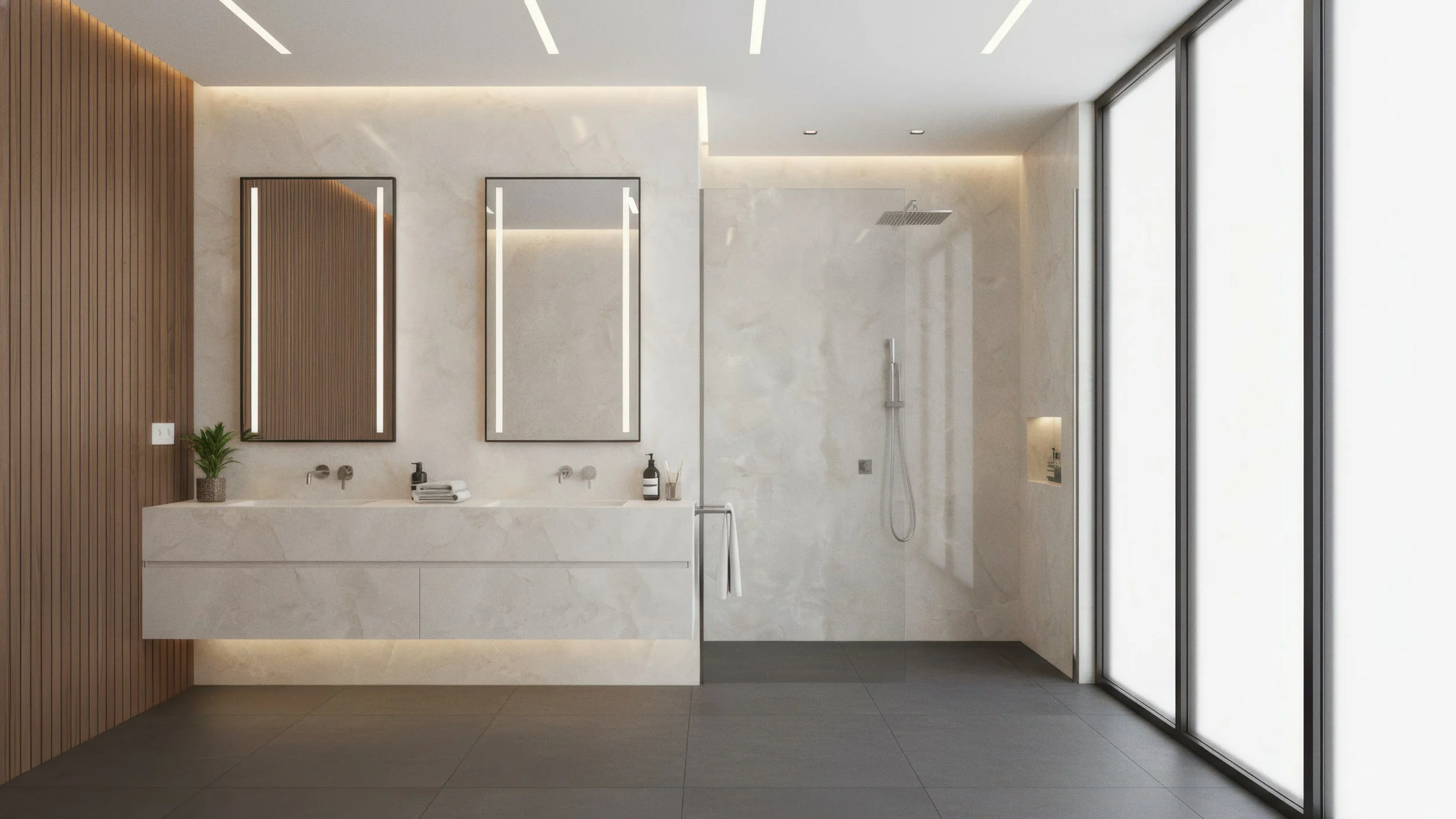 Modern bathroom with white onyx porcelain slab design in polished from CIERO