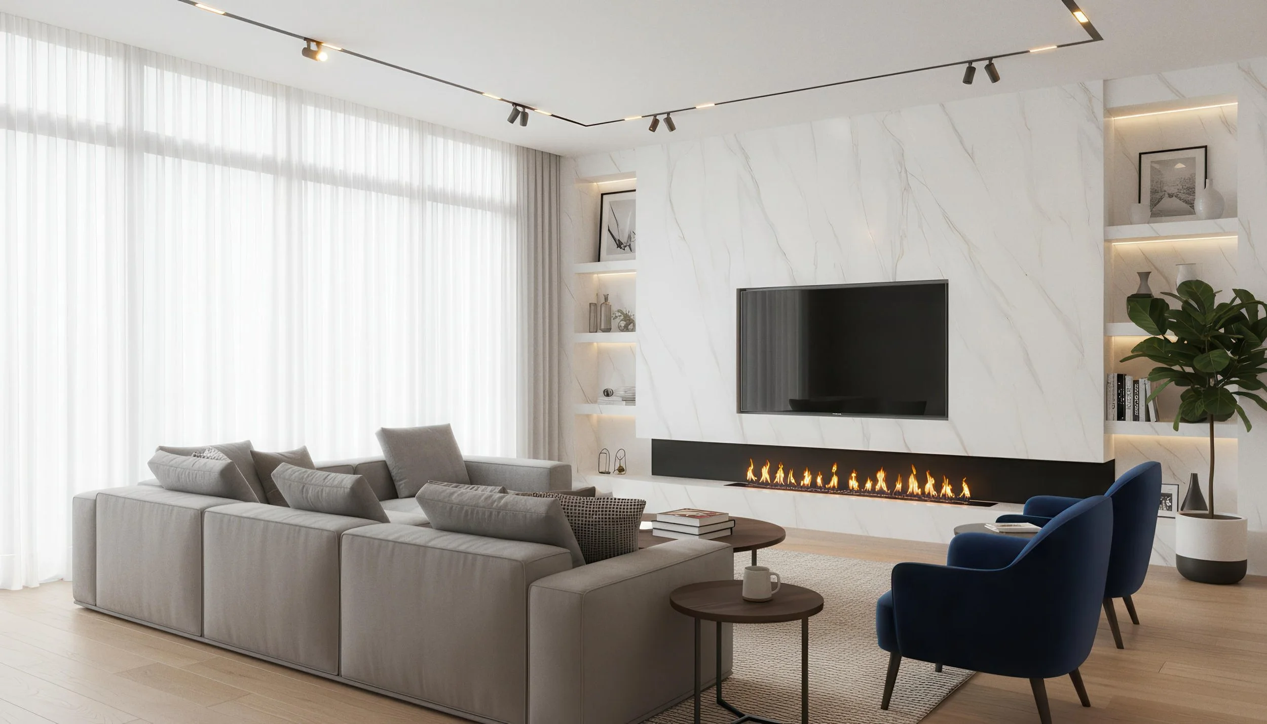 Modern Livingroom with Calacatta Nuvola 4x9 Porcelain Slab Fireplace TV Wall | CIERO