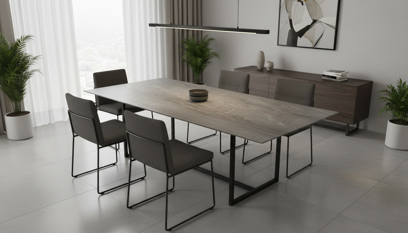 Modern Dining Table made with Calacatta Storm 4x10 Porcelain Slab | CIERO