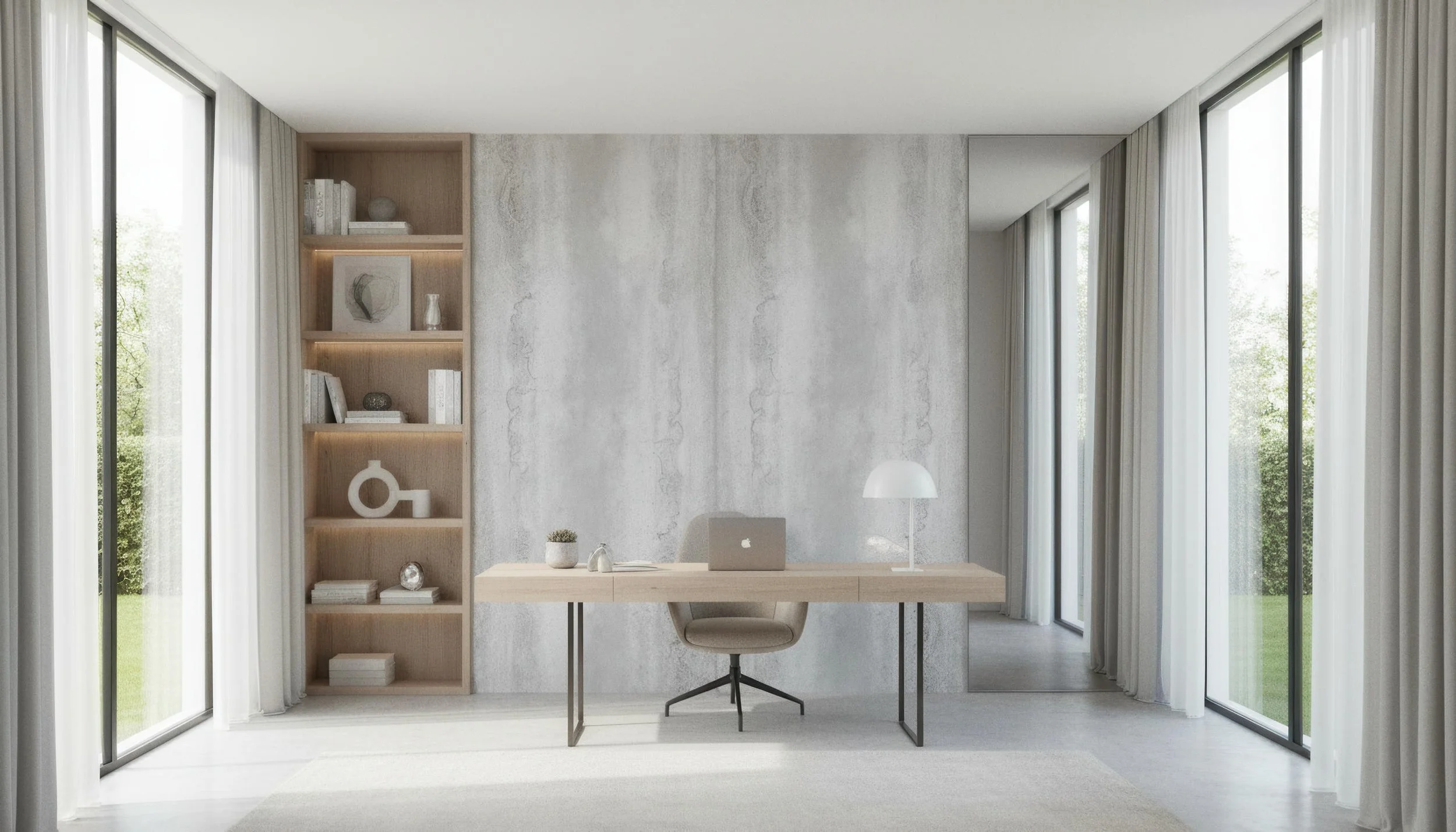 Modern Home office With Titanium Silver 5x10 Porcelain Slab Back Wall | CIERO